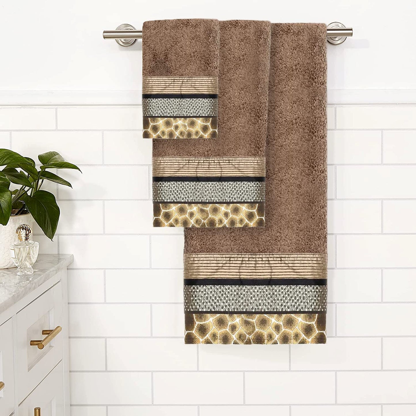 Popular Bath Safari Stripes Towel Set 3 Pieces Chocolate, Size 24"x 44", Hand Towel Measures 16"x 27", WASH Towel Measures, 12" x 18"