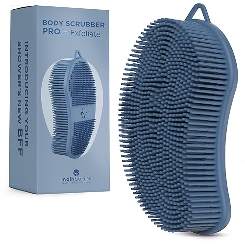 MainBasics Silicone Body Scrubber Dual-Sided Shower Loofah and Exfoliator (Dark Blue, Exfoliate)