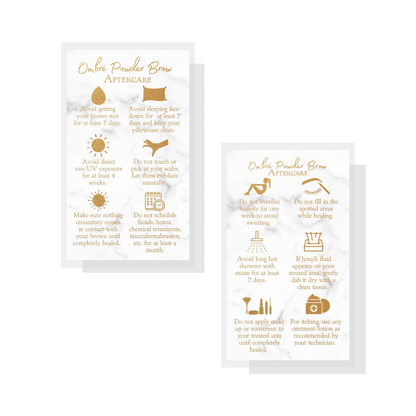 Ombre Powder Brow Aftercare Instructions Cards | 50 Pack | Double Sided Size 2x3.5" inches Business Card | Marble Look and Gold Design
