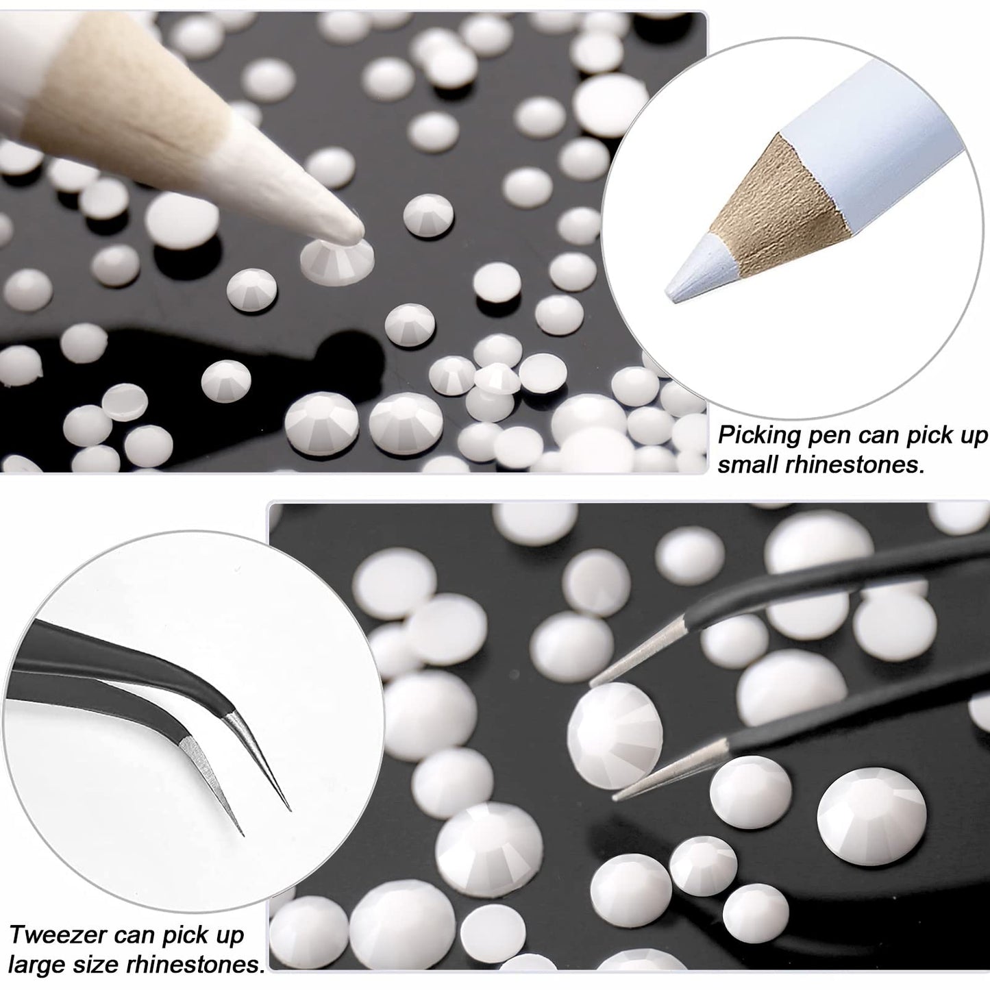 AUREHEN 10000PCs 2-6MM White Resin Flat Back Rhinestones, Round Non Hotfix Resin Rhinestones Nail Gems Stones with Tweezer & Picker Pen for Tumblers