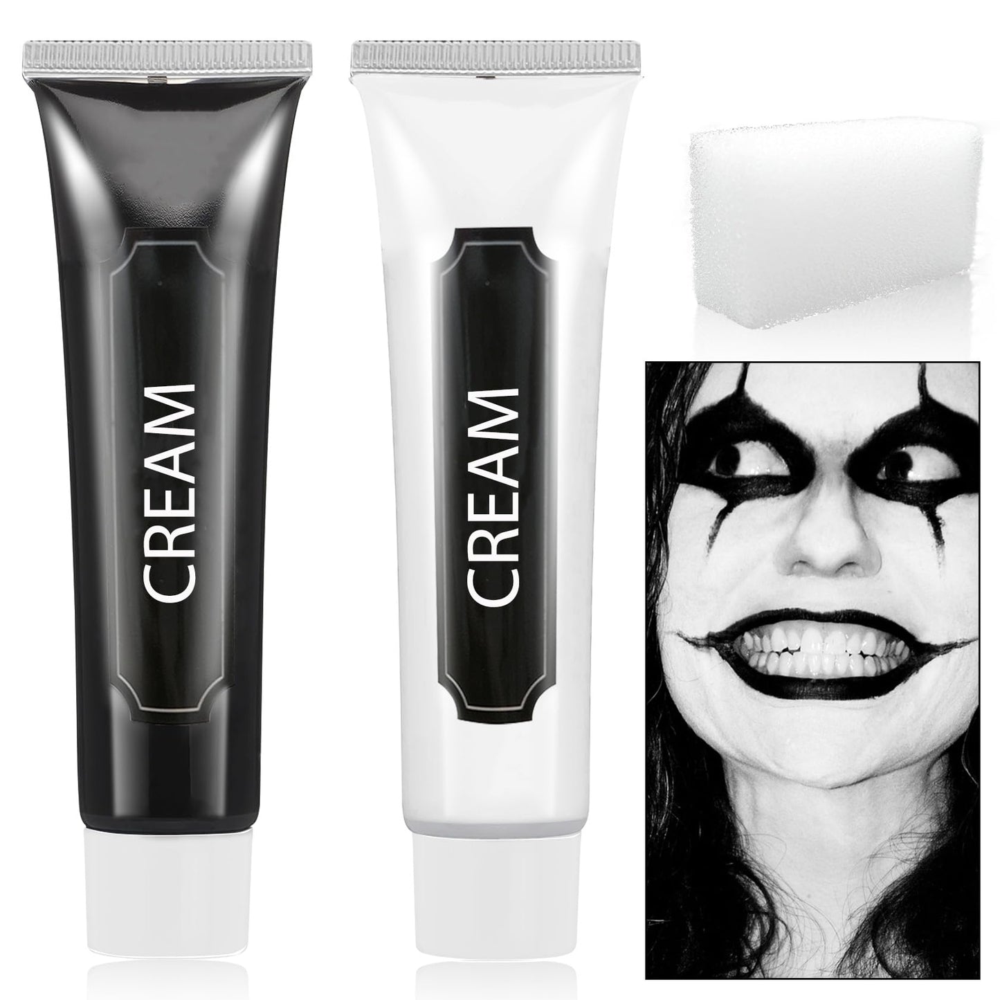 WENJLYJ 2 PCS Black White Cream Face & Body Paint Set, Halloween SFX Makeup Kit, Professional Face Painting Kit for Zombie Skeleton Cosplay Clown