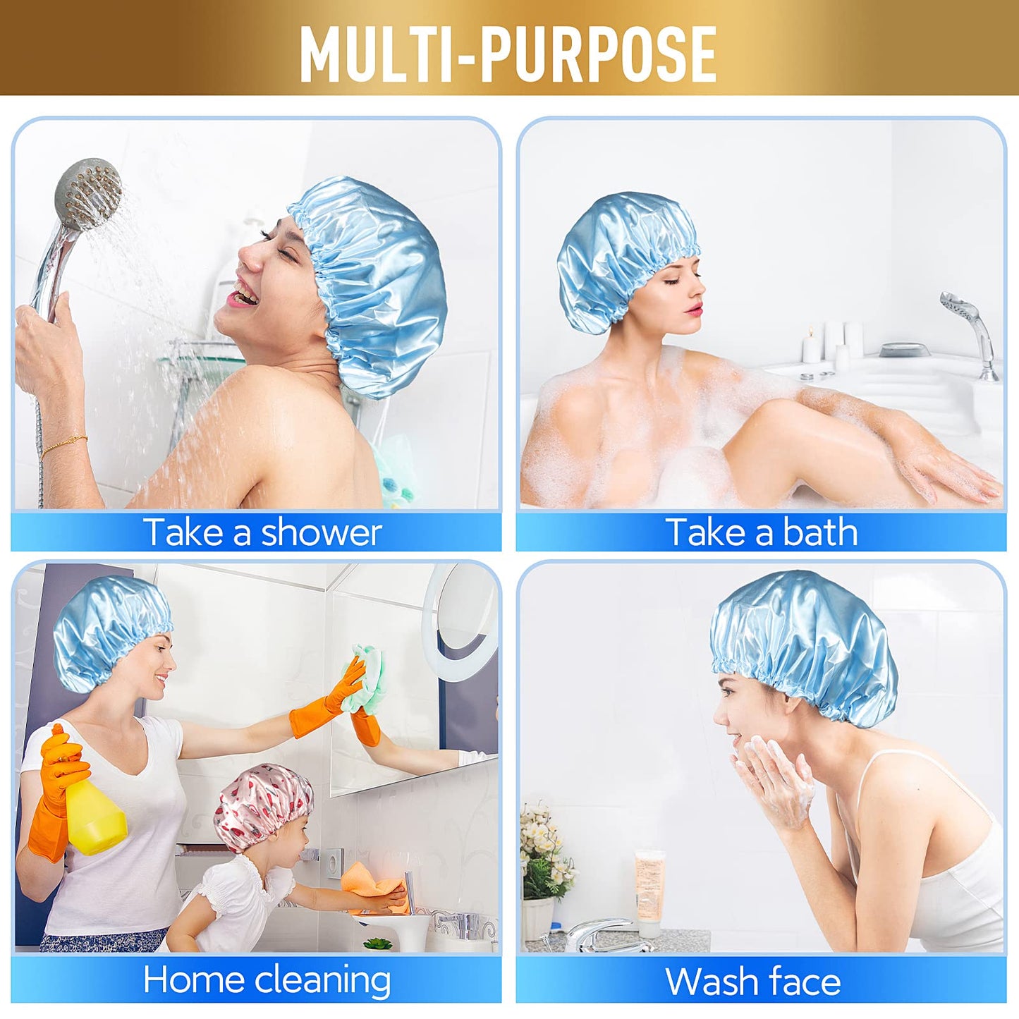 Waterproof Shower Caps, Shower Cap for Women Long Hair, Curly Hair, Short Hair Adjustable Washable Extra Large Bathing Hair Cap for Shower