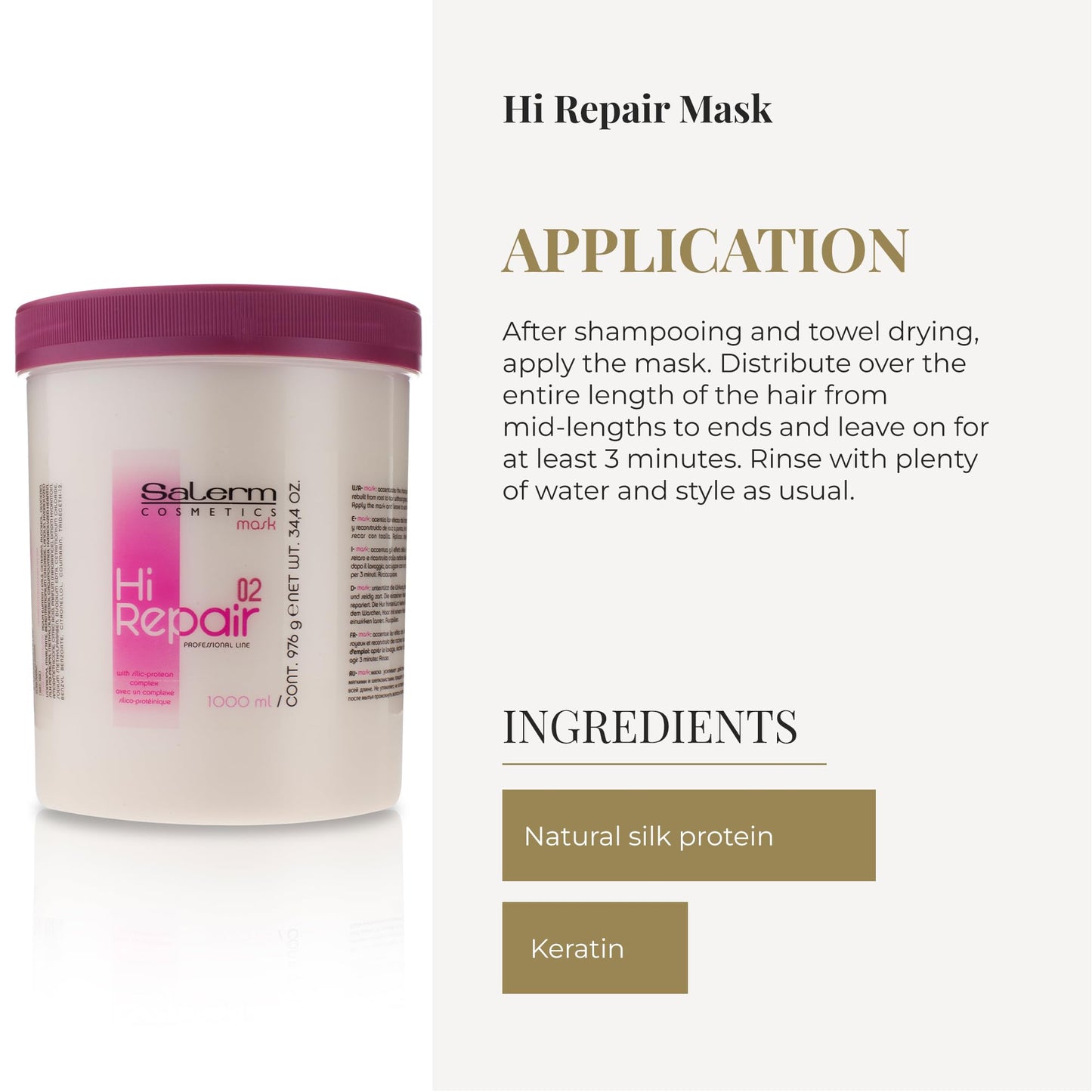 SALERM - Hair Repair Mask - Hi Repair Mask 02-1000 ml - Deeply Moisturizes Damaged Hair - Repairs and Rejuvenates - Shinier and Softer Hair