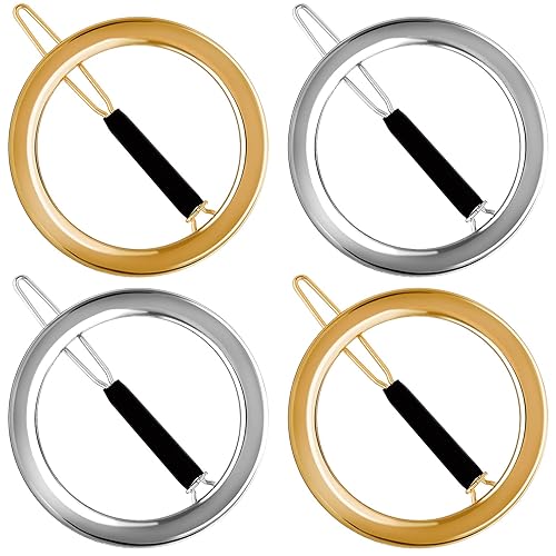 PAGOW 4 Pcs Minimalist Hair Clip for Women, Gold & Sliver Hollow Hoops Round Circle Geometric Metal Hair Clip, Dainty Circle Bobby Pin Ponytail Holder