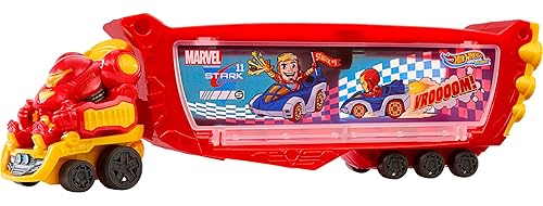 Hot Wheels RacerVerse Marvel Hulkbuster Hauler, Transport & Store Up to 10 Toy Vehicles, Detachable Cab with Flip-Up Helmet & Non-Removable Figure