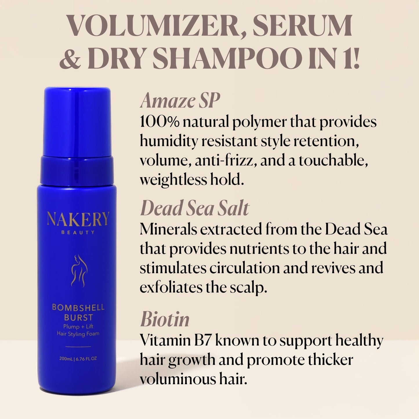 Nakery Bombshell Burst Hair Foam, Volumizing Mousse for Styling Curly and Straight Hair, Lightweight Foam with Biotin, Keratin, Panthenol, Texture
