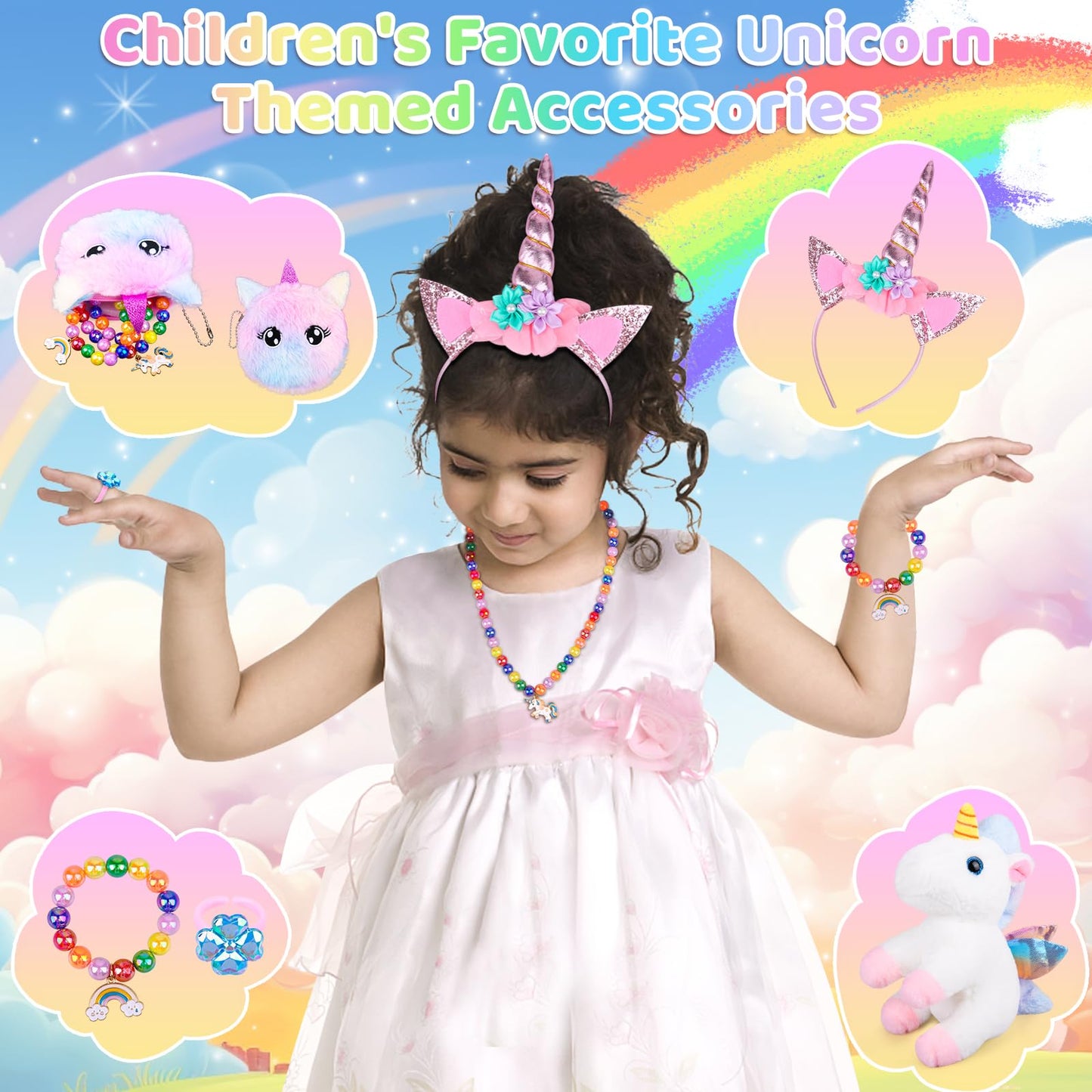 Unicorn Plush Toys Kit Girls Gift for Girls Stuffed Animal Toy/Purse/Ring/Glasses/Necklace/Bracelet/Decal/Earrings/Tiara Fun and Engaging Christmas…