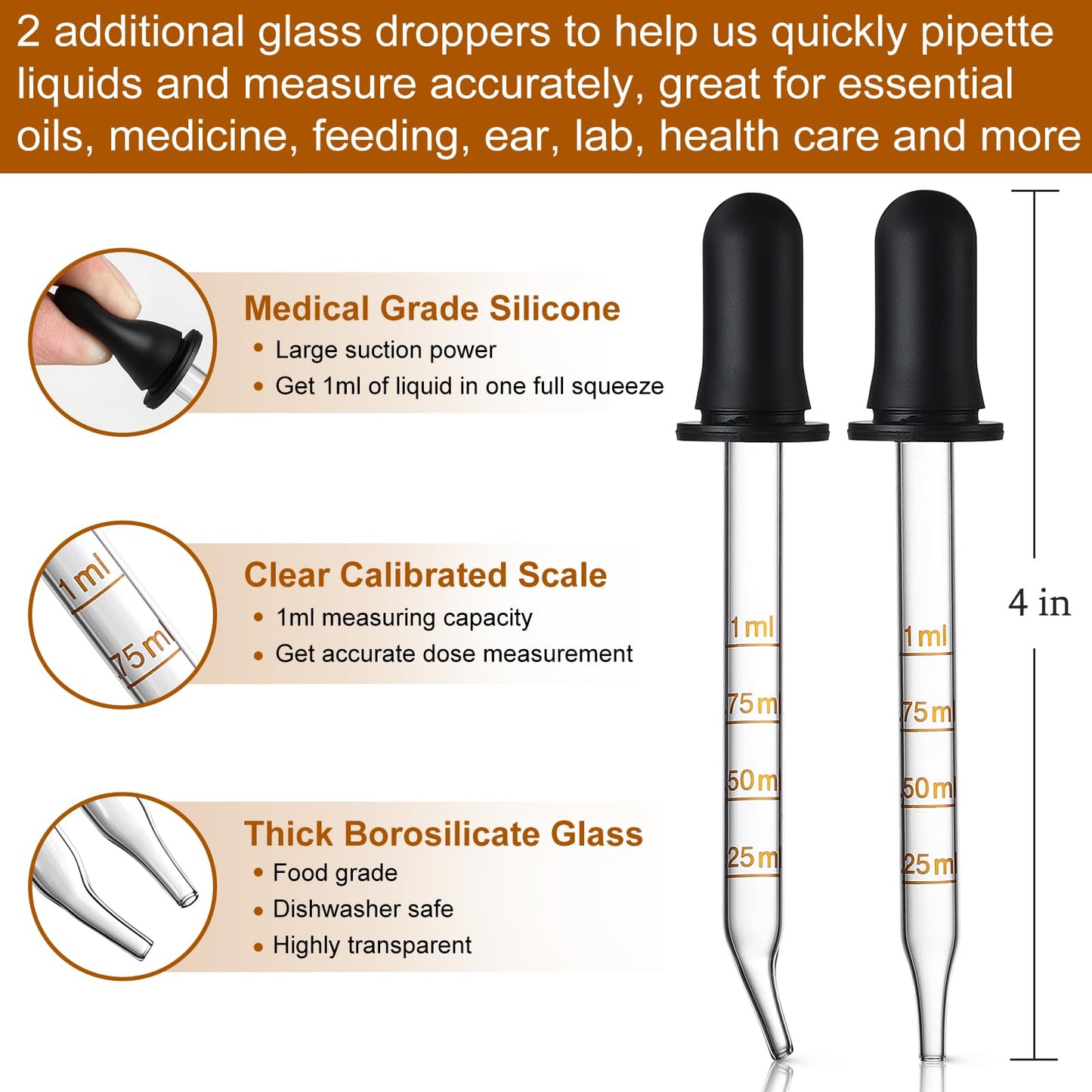 4 Pack, 1 oz Amber Glass Dropper Bottles Plus 2pcs Graduated Calibrated Glass Pipettes (1ml)- 30ml Dark Brown Tincture Bottles with Eye Droppers Beauty and Personal Care AOZITA