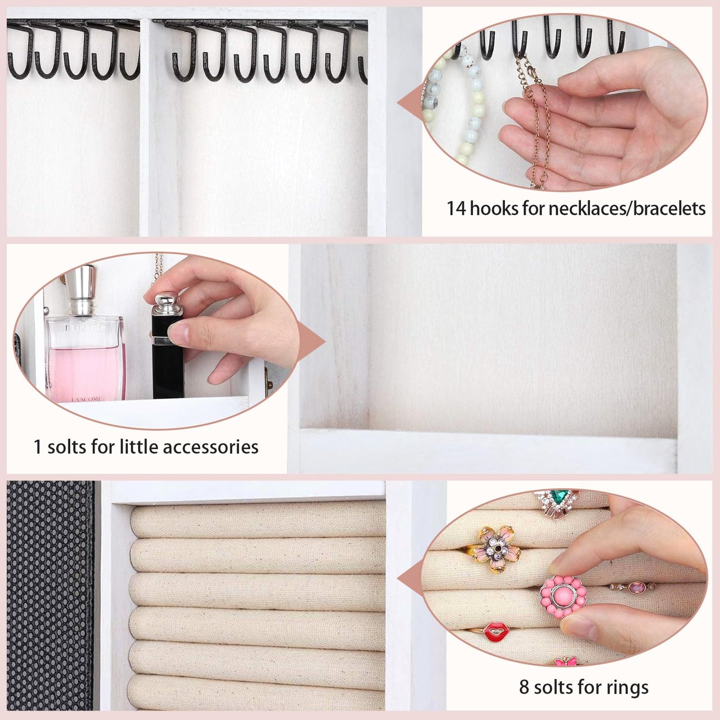 Keebofly Wall Mounted Jewelry Organizer With Rustic Wood Large Space Jewelry Cabinet, Holder, Storage Box for Necklaces, Earrings, Bracelets, Ring…