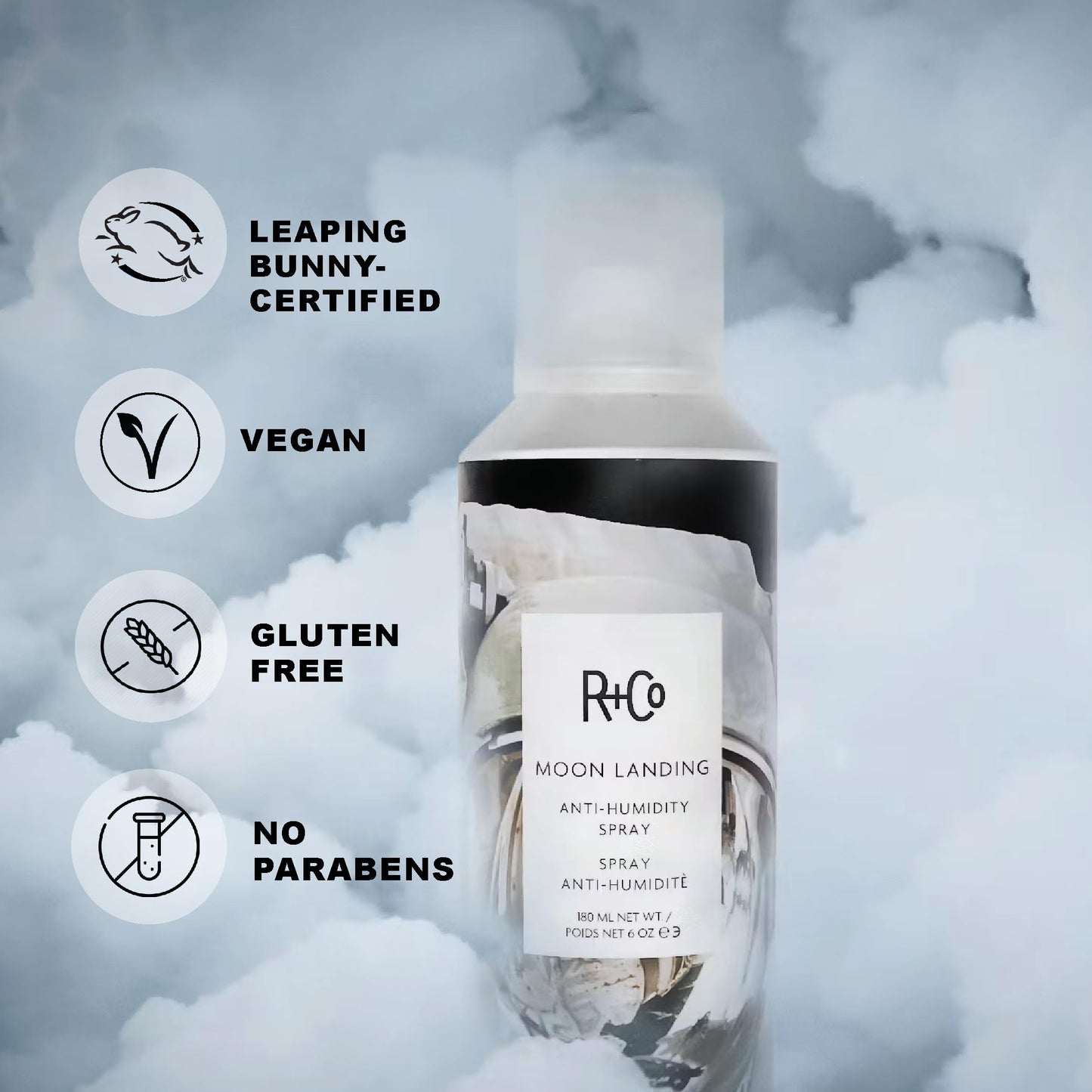 R+Co Moon Landing Anti-Humidity Spray Set | Controls Frizz, Tames Flyaways & Adds Satin Finish | Vegan + Cruelty-Free | 5oz + 1.7oz