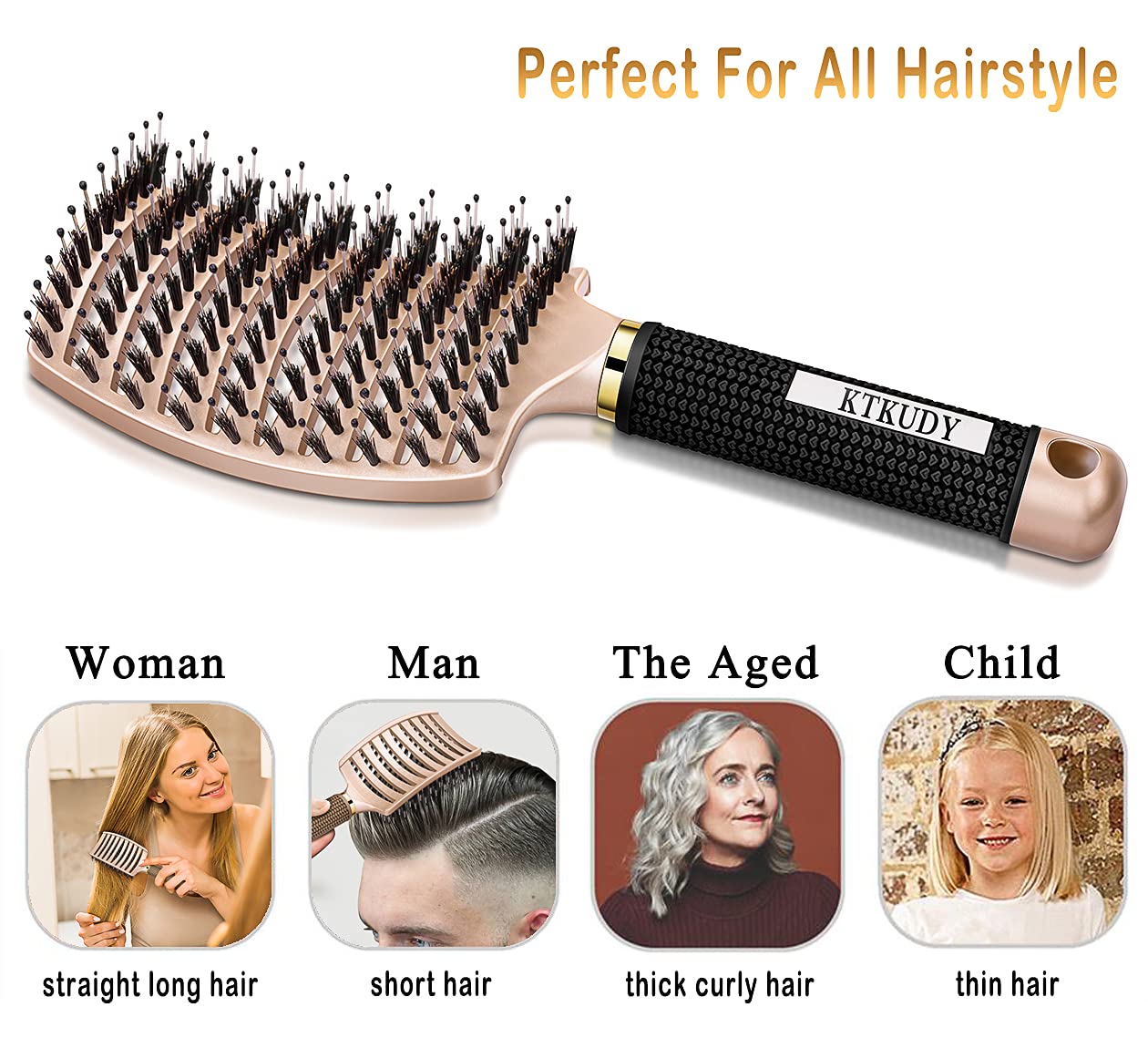 KTKUDY Detangling Brush Getting Knots Out without Pain - Boar Bristles HairBrush Make Hair Shiny & Healthier Vented Detangler Brush for Women Men Kids
