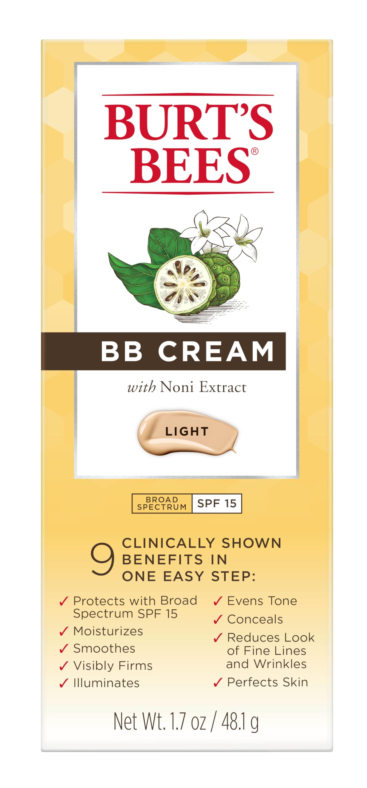 Burt's Bees BB Cream With SPF 15, Broad-Spectrum Sunscreen Tinted Lotion for All Skin Types, 98.9 Percent Natural Origin Skin Care, Light, 1.7 oz.