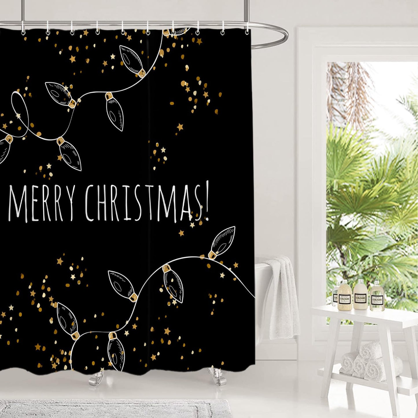Shrahala Christmas Black Decorative Shower Curtain - Green Gold Stars for Bathroom Decor, Waterproof With Grommets, 72x72 Inch