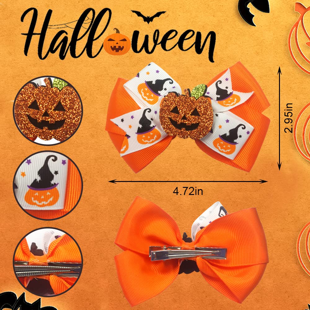 3PCS Halloween Hair Bows Clips Glitter Faux Leather Hair Clips Spider Pumpkins Grosgrain Ribbon Bows Boutique Hair Pins Accessories for Girls Women