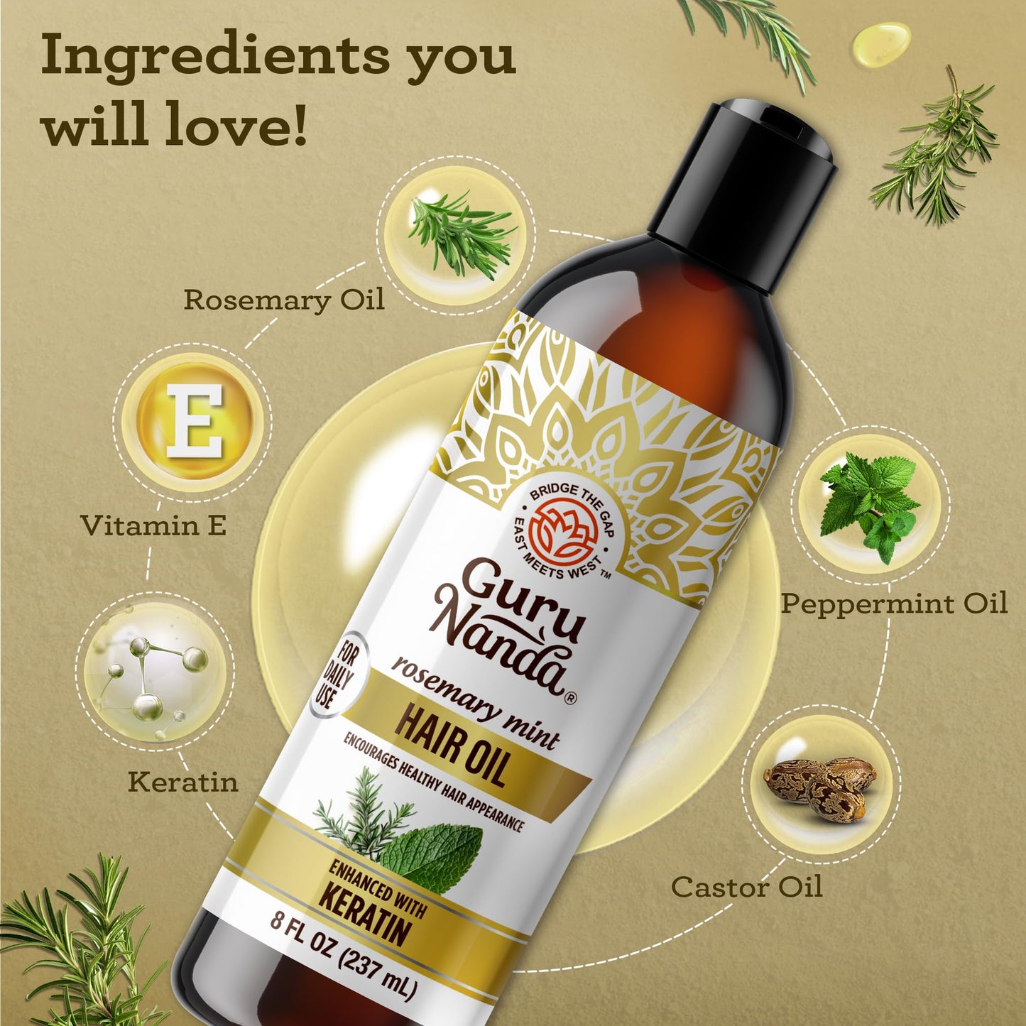 GuruNanda Rosemary Mint for Hair Growth with Keratin & Vitamin E Oil - Encourages Scalp, Shine & Hair Strengthening- 100% Natural, Cruelty-Free, 8oz