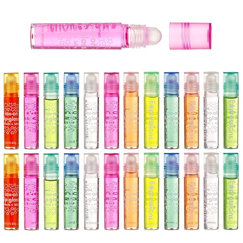 Expressions girl 24pc Roll On Lip Gloss Set with Carrying Case, Glossy Lip Make-up for Kids and Teens - Fruity Flavors, Non Toxic, Kid Friendly, Party