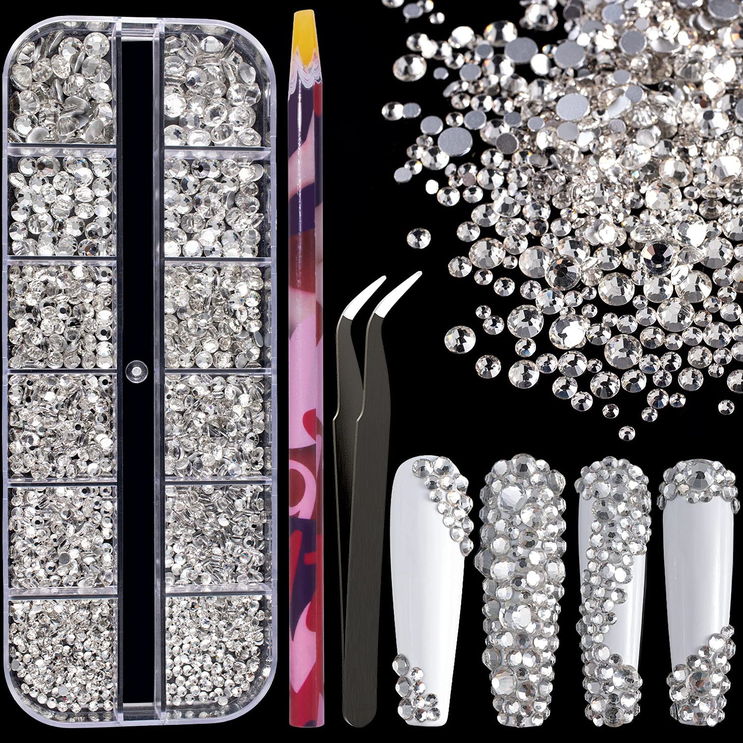 6 Sizes Transparent White Silver Glass Crystal Kit with Pickup Pen + Tweezer Tools for Shine Nail Art Manicure Makeup DIY Decoration Flatback Round