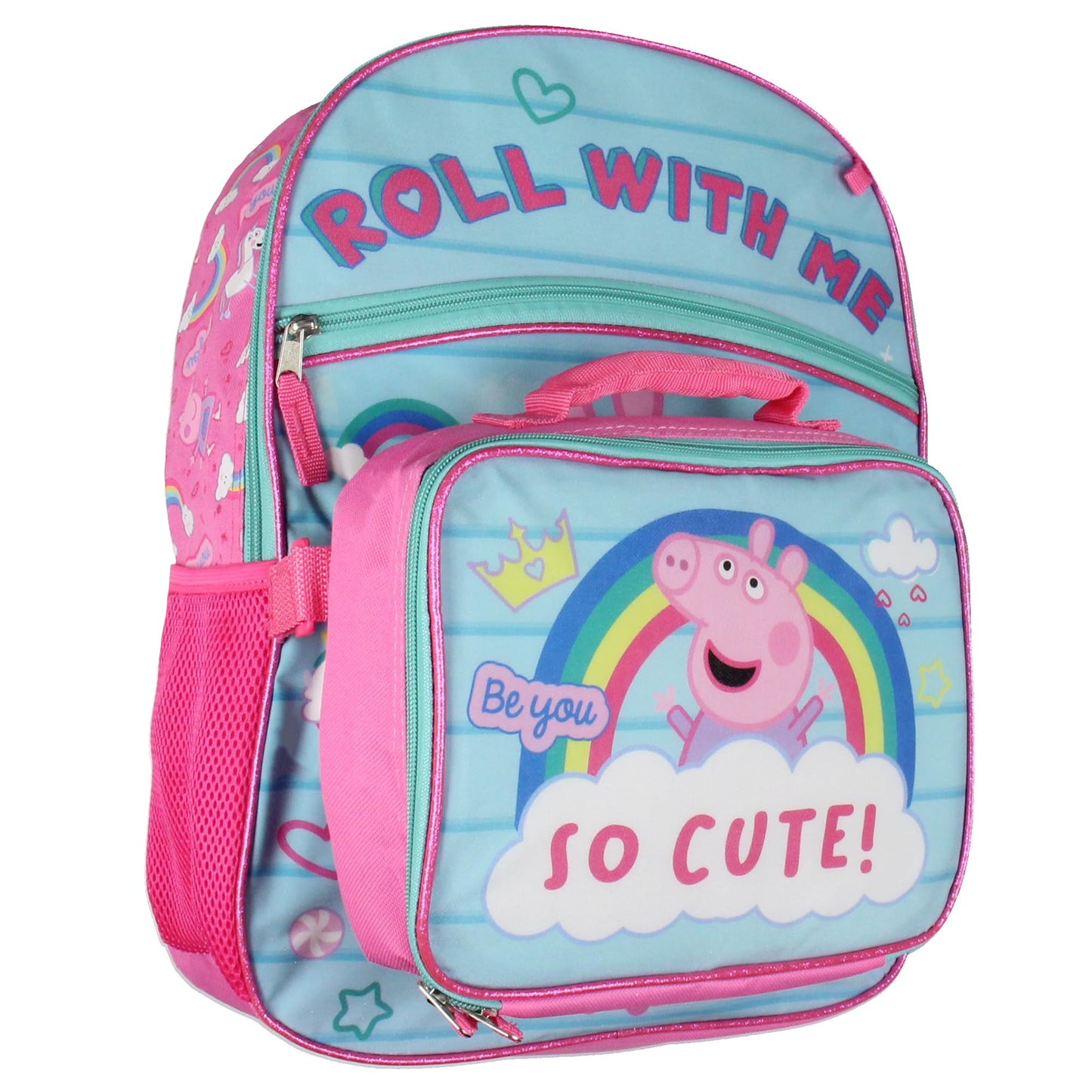AI ACCESSORY INNOVATIONS Peppa Pig Backpack Kids School Travel Backpack Set With Lunch Box, Drawstring Bag, Pencil Case, and Rubber Molded Keychain