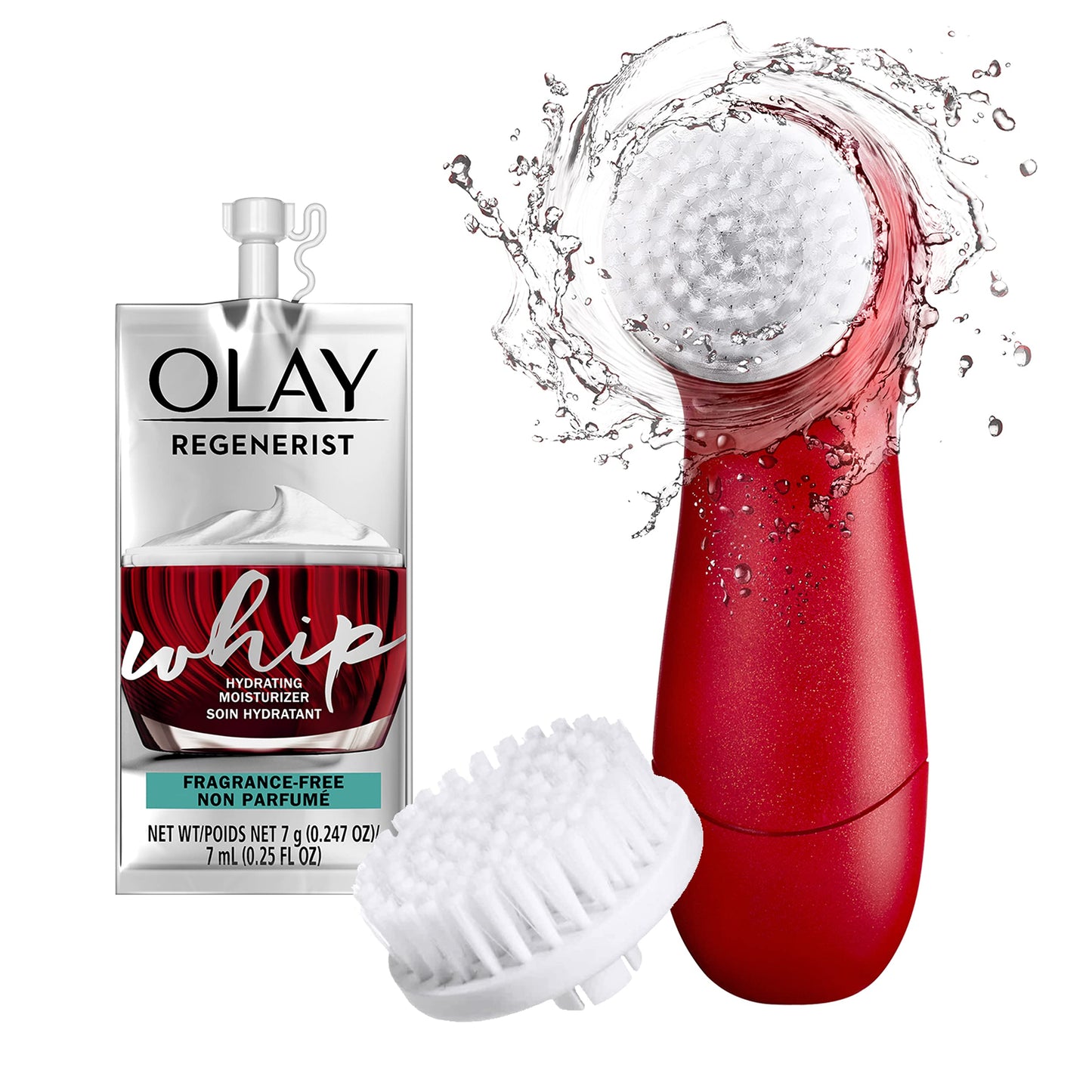 Olay Regenerist Face Cleansing Device, 2 Brush Heads + Whip Face Moisturizer Travel/Trial Size Gift Set