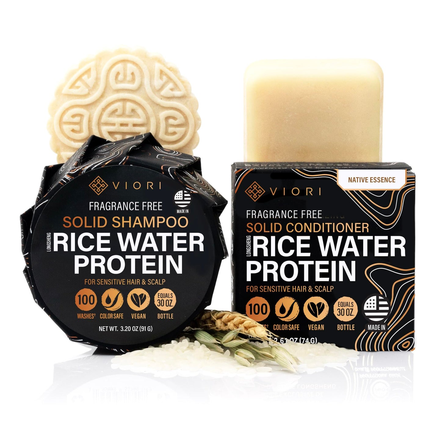 Viori Native Essence Shampoo and Conditioner Bar Set Made with Rice Water - Handcrafted Sulfate Free Shampoo and Conditioner