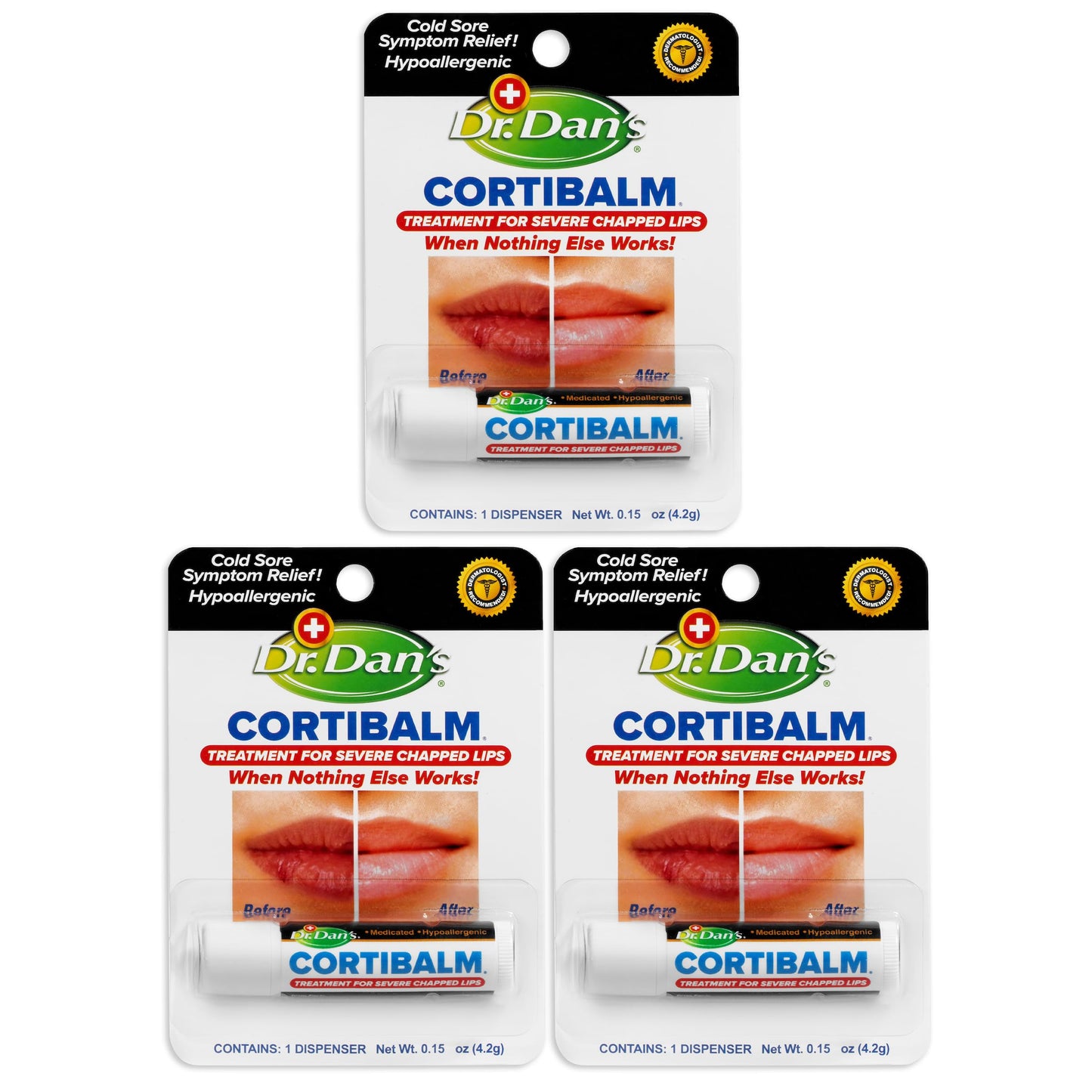Dr. Dan's Cortibalm- 3 Pack - for Dry Cracked Lips - Healing Lip Balm for Severely Chapped Lips - Designed for Men, Women and Children