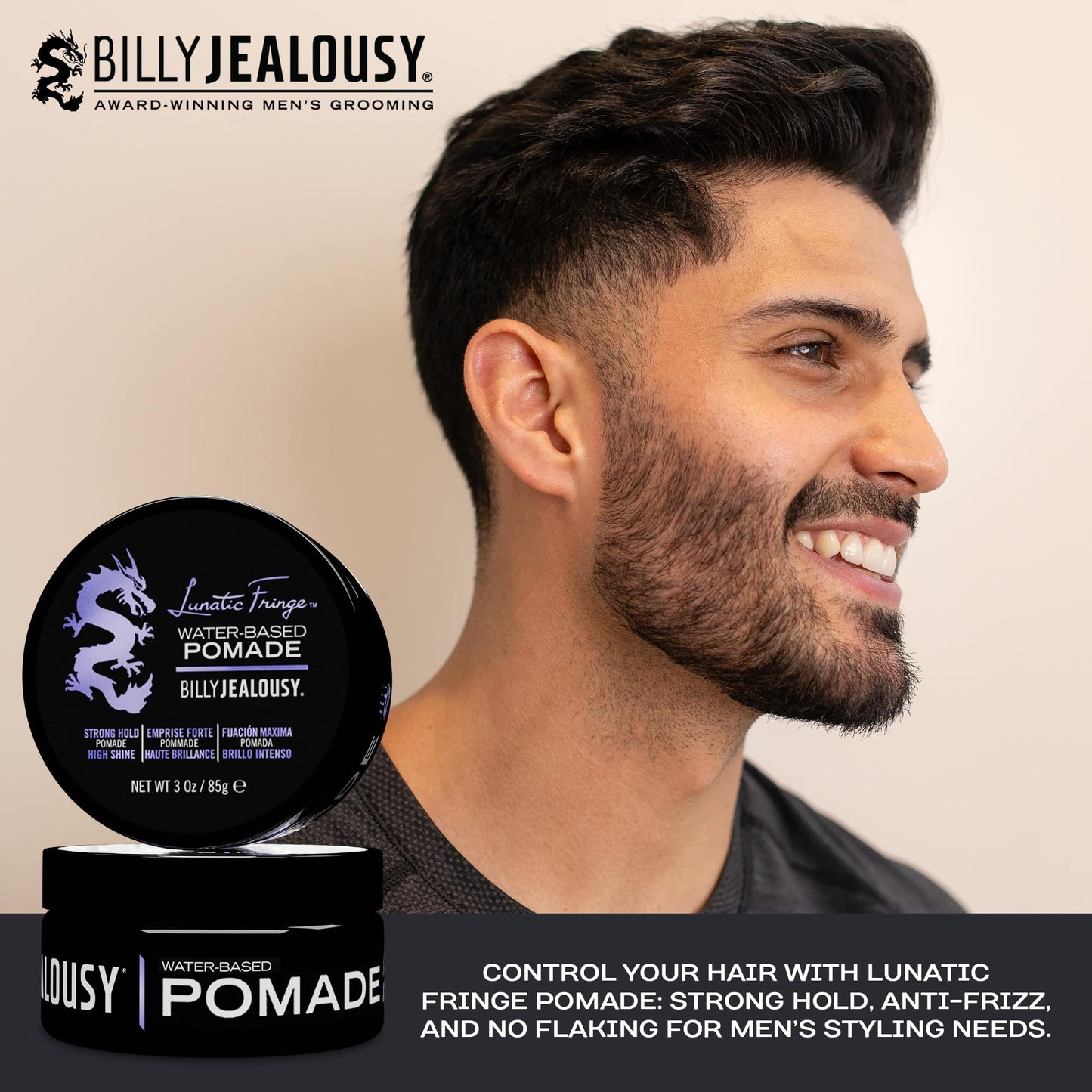Billy Jealousy Lunatic Fringe Water-Based Pomade for Men, Strong Hold, High Shine, Water Soluble and Vegan Hair Product Ideal for Medium to Long Thick