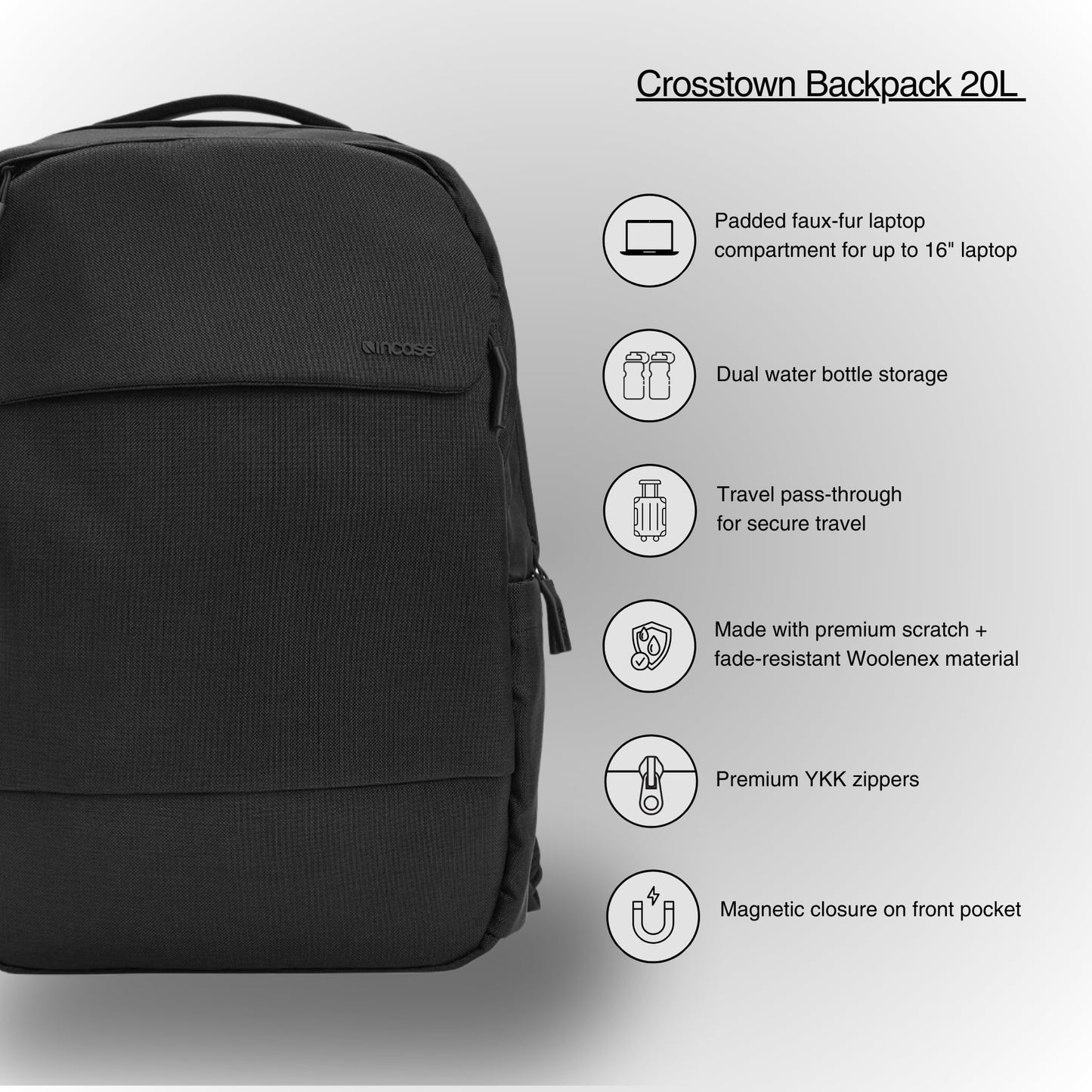 Incase Crosstown Backpack - 20L Everyday Laptop Backpack for Work, Travel - 16" Faux Fur Laptop Sleeve, External Front Pocket, Water Bottle Pockets, Travel Pass Through - Black