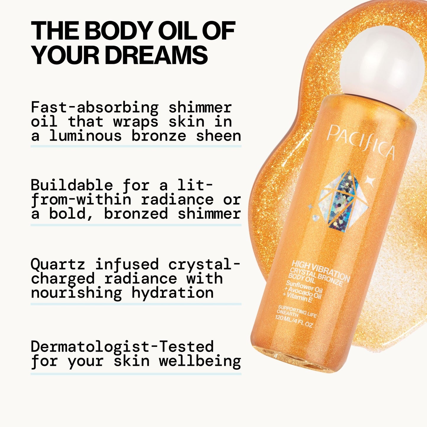 Pacifica Bronzing Body Oil - Crystal Bronze Shimmering Oil for Natural Sun-Kissed Glow, Hydrating Body Illuminator, Vanilla Coconut Scent, Vegan