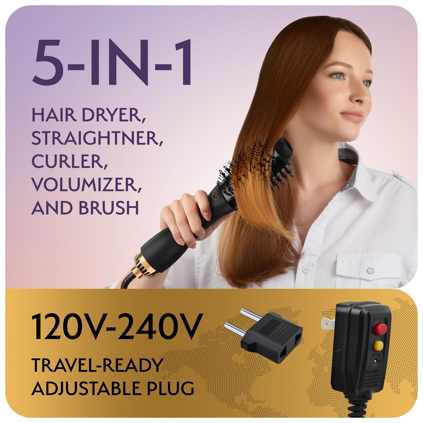Manual Dual Voltage Blowout Hair Dryer Brush, Professional Hot Air Brush for European Travel 110V-120V/220V-240V, Black Gold Dryer and Volumizer