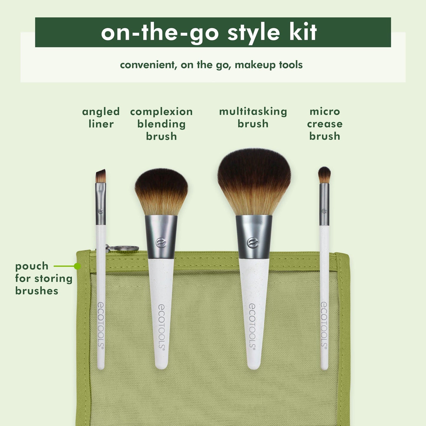 EcoTools On-The-Go Makeup Brush Kit, Travel-Friendly Brush Set, Mini-Size Makeup Tools for Powders, Blush, Bronzer, & Eyeshadows, Eco-Friendly