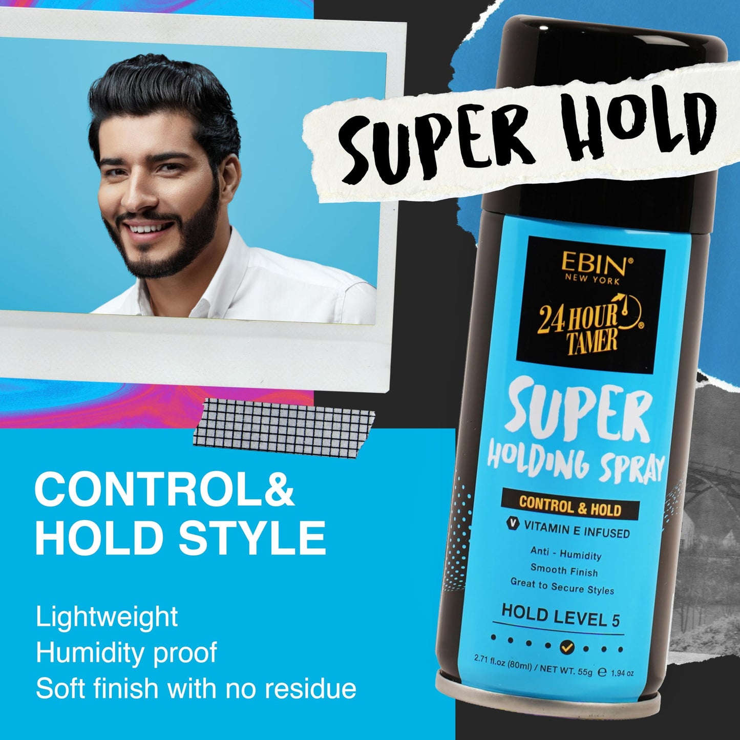 EBIN NEW YORK 24 Hour Tamer Super Holding Spray - Contol & Hold 1.94oz/ 80ml | Tames Frizz & Flyaway, Gives High Shine & Volume, All Day Hold