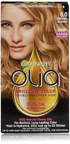 Garnier Olia Ammonia Free Permanent Hair Color, 100% Gray Coverage (Packaging May Vary), 8.0 Medium Blonde, Pack of 1