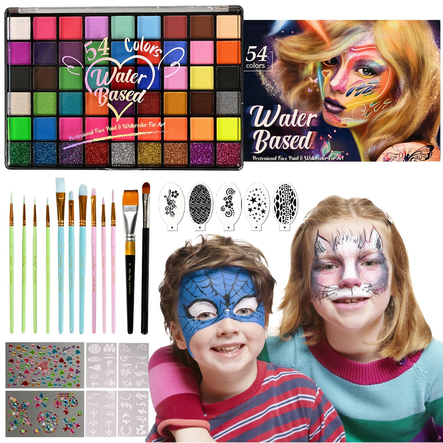 KNLDEFV 54 Color Kids Face Painting Kit, Non Toxic Water Activated Face Paint Palette with Stencils, Brush, Sparkle Gems. Perfect for Birthday