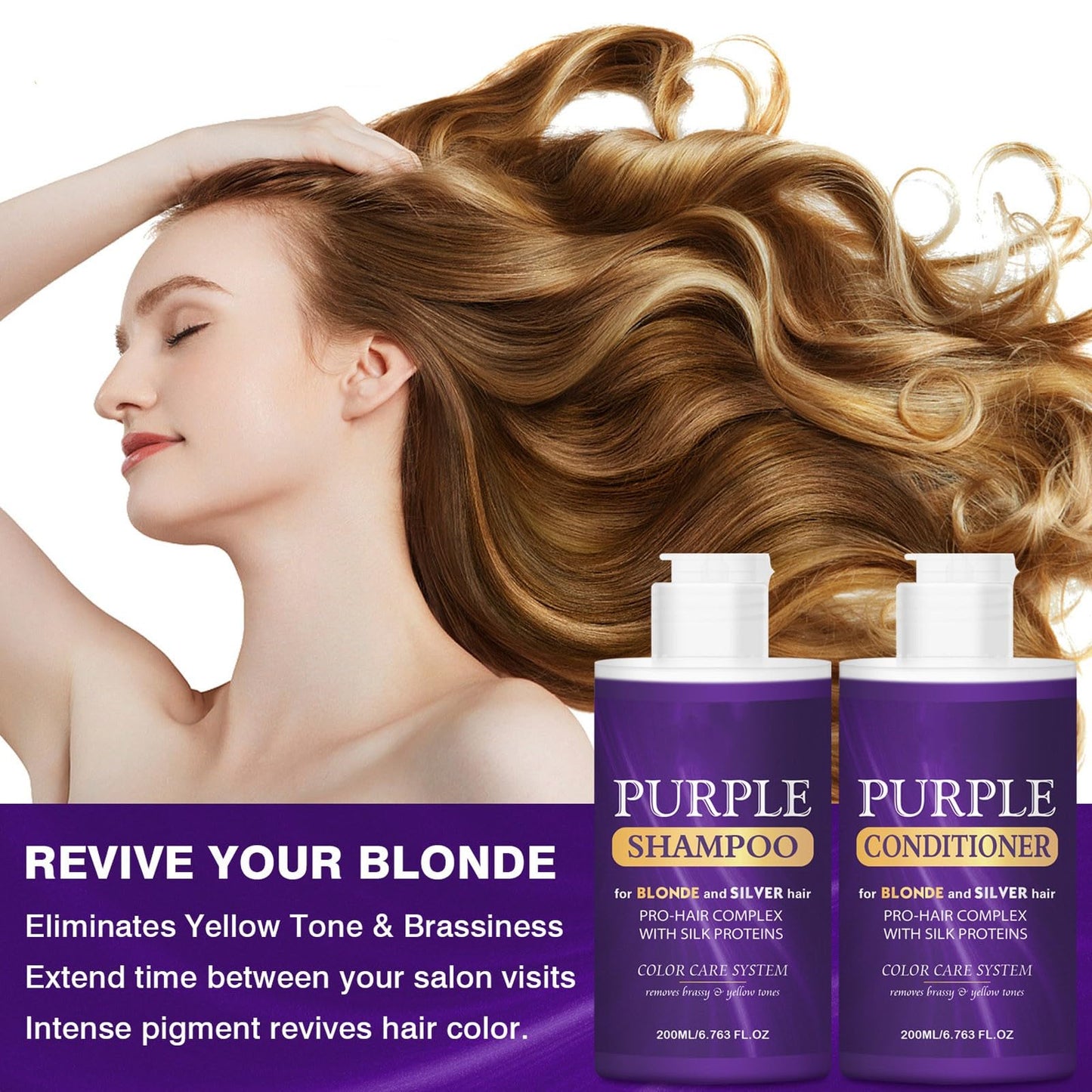 Purple Shampoo and Conditioner Set, Purple Toning Shampoo & Conditioner for Blonde, Bleached, Silver, Gray Hair, Color Treated Hair, Removes Yellow