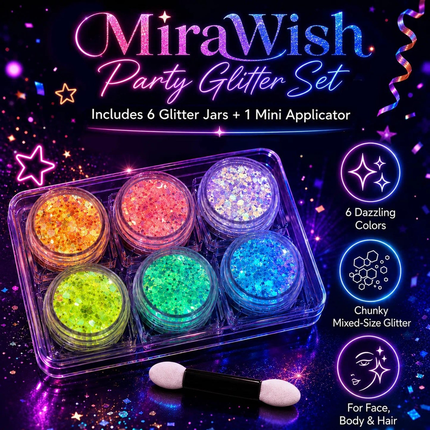 MiraWish 6 Colors Glow in The Dark Glitter Gel, Face & Body Glitter for Women, Neon Black Light Party Makeup, No Glue Needed, Easy Wash Off, Rave