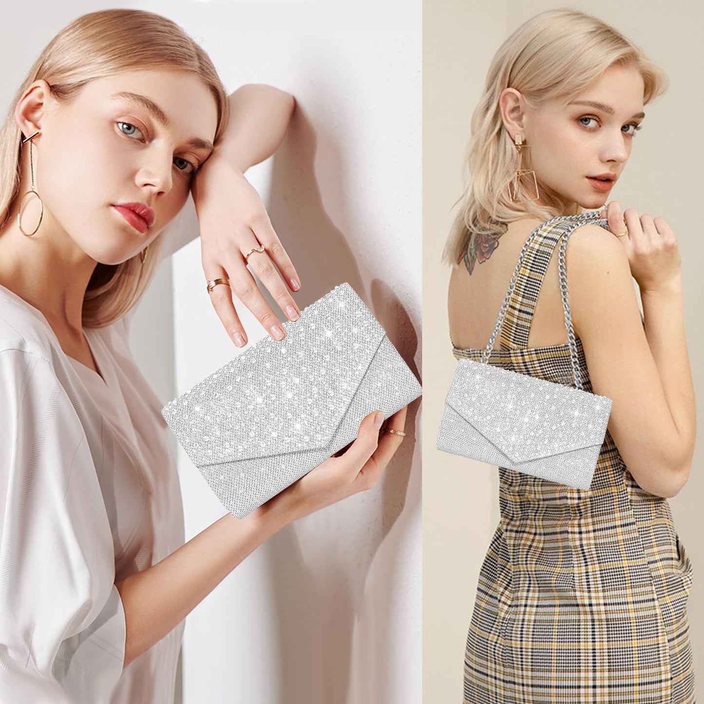 CurvChic Clutch Purses for Women Evening Bag Rhinestone Handbag Party Wedding Bridal Prom Purse Crossbody Shoulder Bag(Sliver)