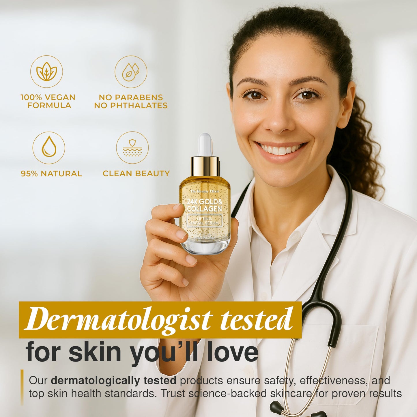 The Beauty Elixir Collagen Serum For Face with 24k Gold - Dermatologist Tested - Anti Aging, Ultra Hydrating, Fine Lines & Wrinkle Treatment - Clean