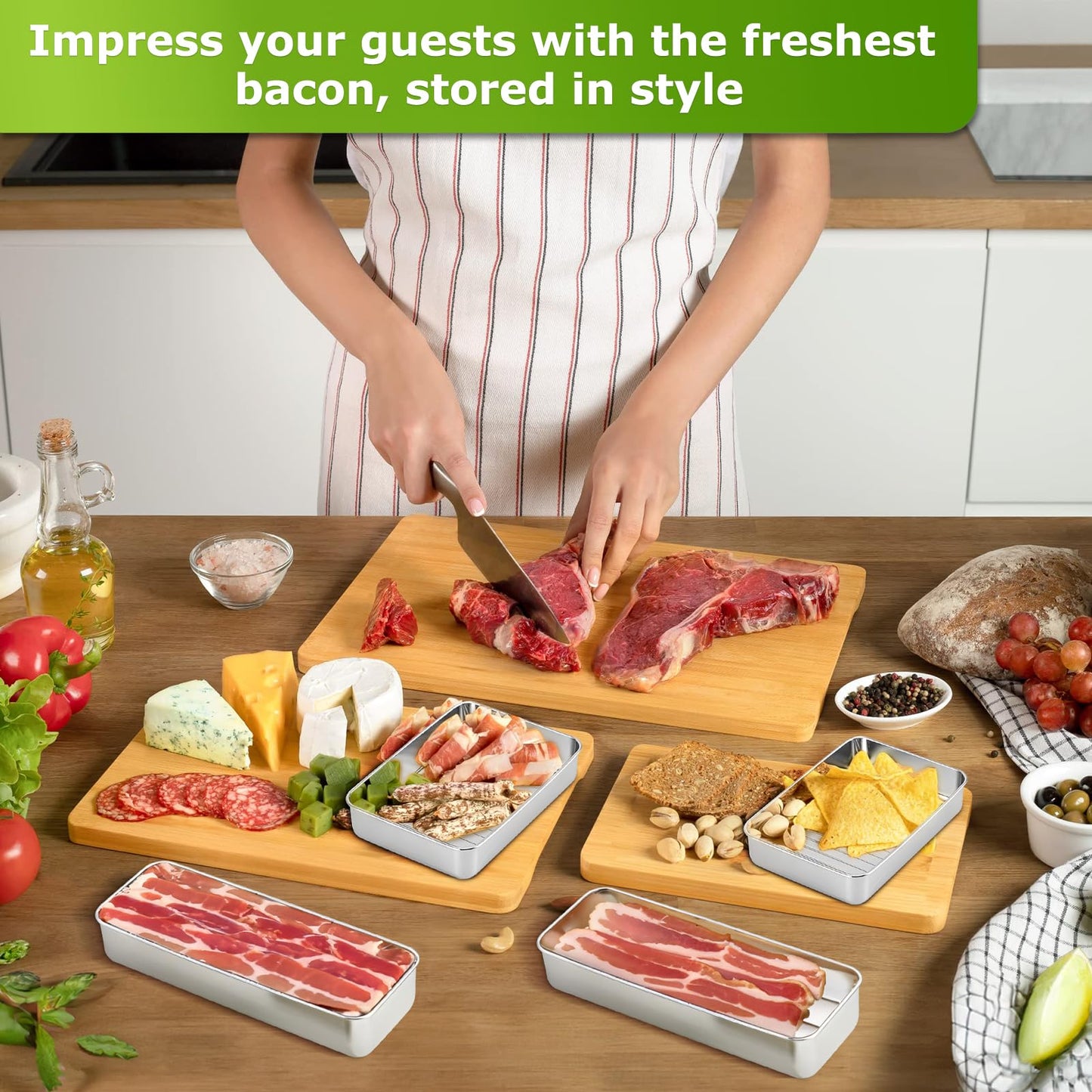 Cheese Container for Refrigerator, 2 Pack 304 Stainless Steel Airtight Deli Meat Storage Containers with Lids for Fridge, Dishwasher Safe Food…