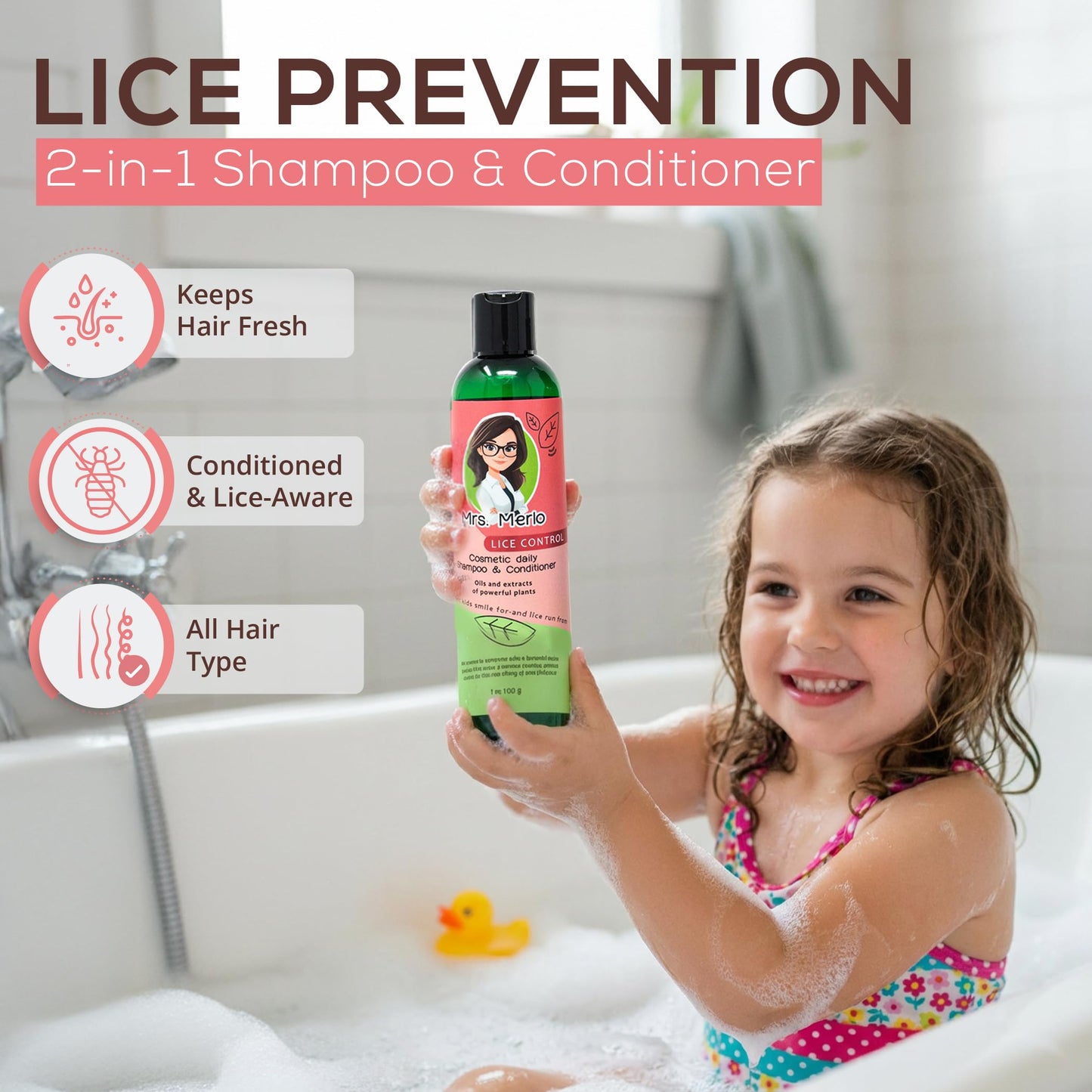 Mrs. Merlo Kids Lice Prevention Hair Care Set - Natural 2-in-1 Shampoo & Conditioner + Leave-In Detangler Spray - Gentle Daily Formula with Essential