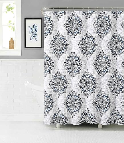 VCNY Home Navy Blue Shower Curtain: Tranquility Teal White Fabric Bohemian Floral Medallion Damask Design
