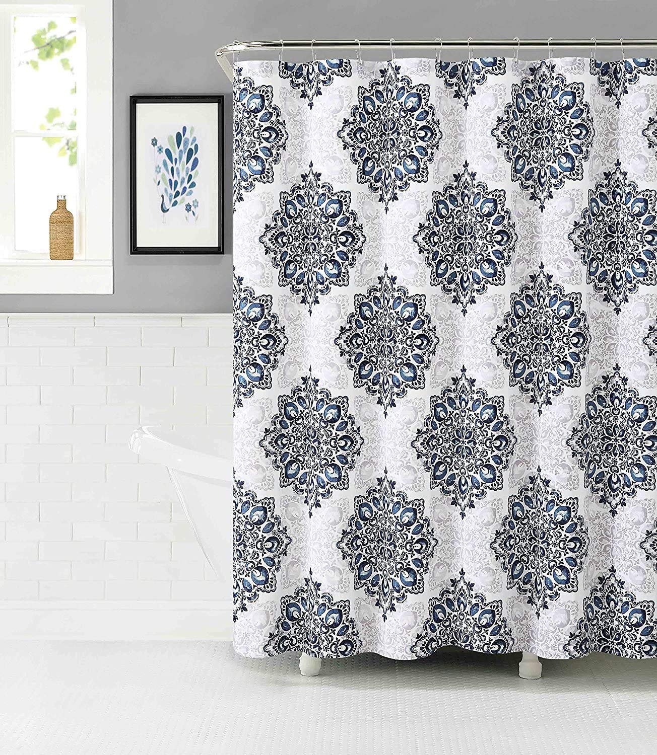 VCNY Home Navy Blue Shower Curtain: Tranquility Teal White Fabric Bohemian Floral Medallion Damask Design