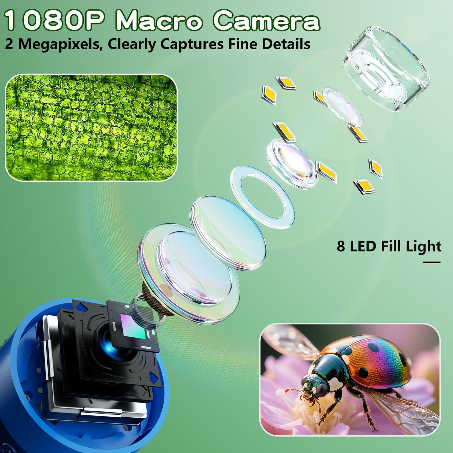 Odatay Kids Microscope – 100x-1000x 1080P Digital Handheld with 12 Slides, Portable Science Toy Gift for Boys & Girls Ages 3–12, Blue