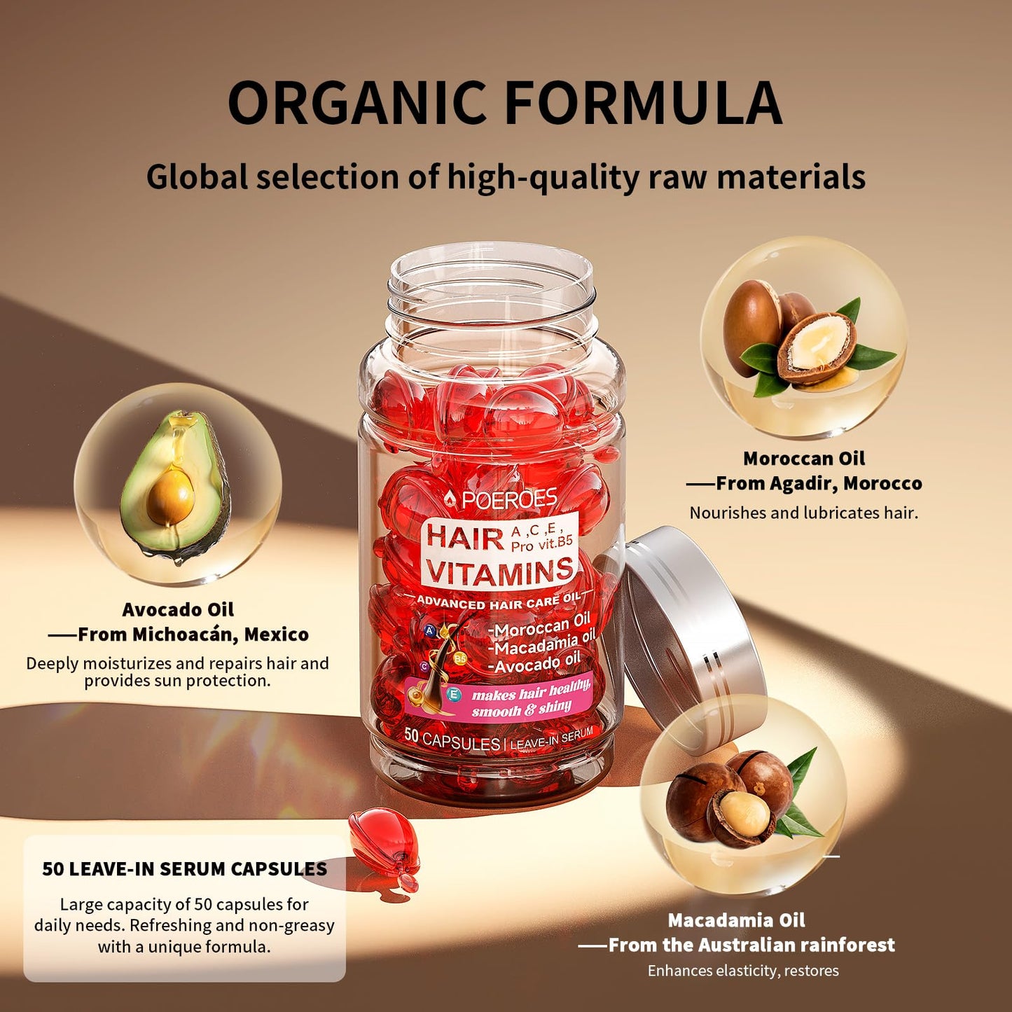 POEROES Hair Oil 50 Capsules - Hair Vitamins A C E Pro B5 - Hair Treatment Serum - Hair Serum for Frizzy and Damaged Hair - Argan & Avocado Oil