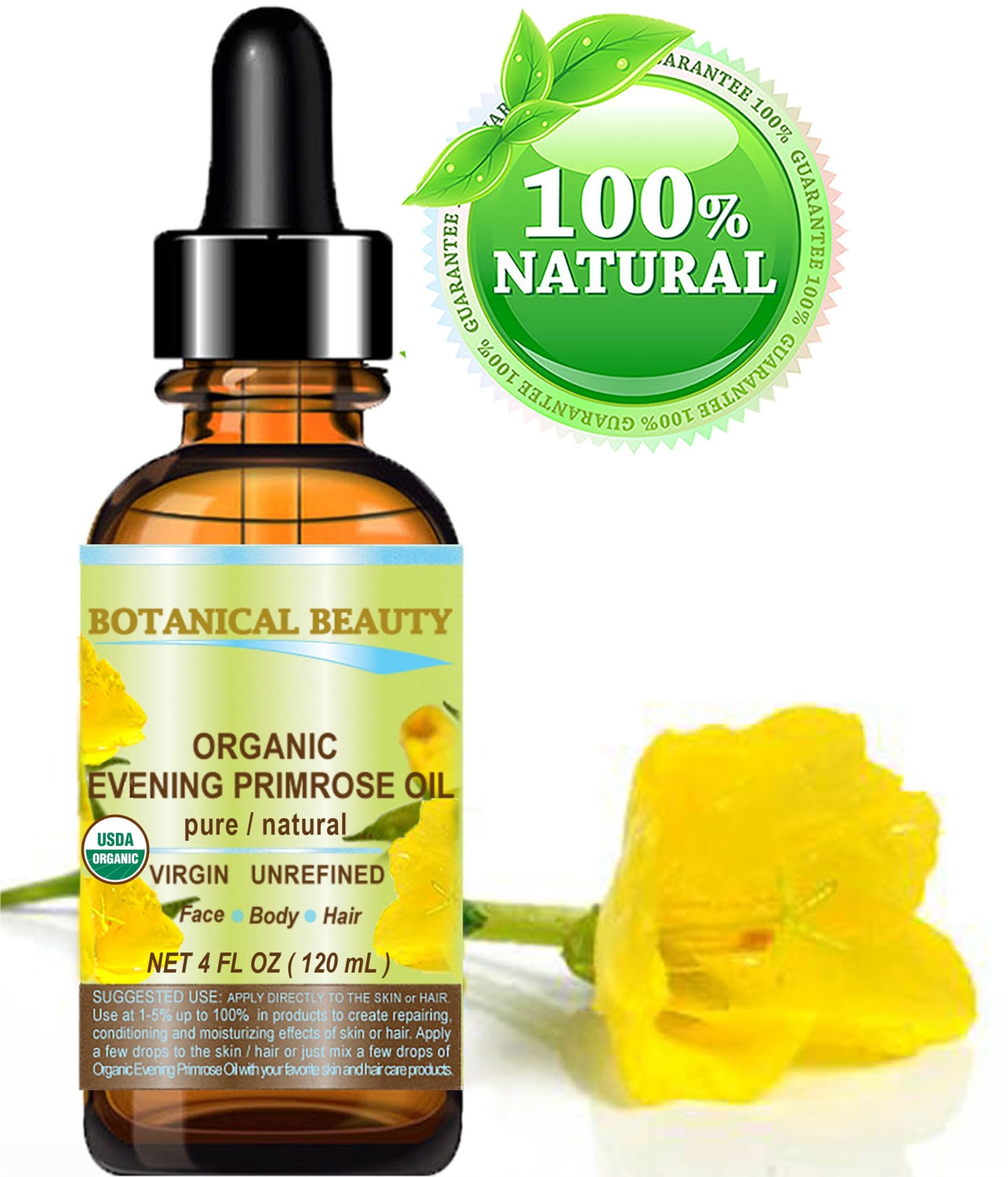 Botanical Beauty Organic EVENING PRIMROSE OIL 100% Pure Natural Undiluted Unrefined Virgin Cold Pressed Carrier Oil for face, skin, hair, nails (4 Fl