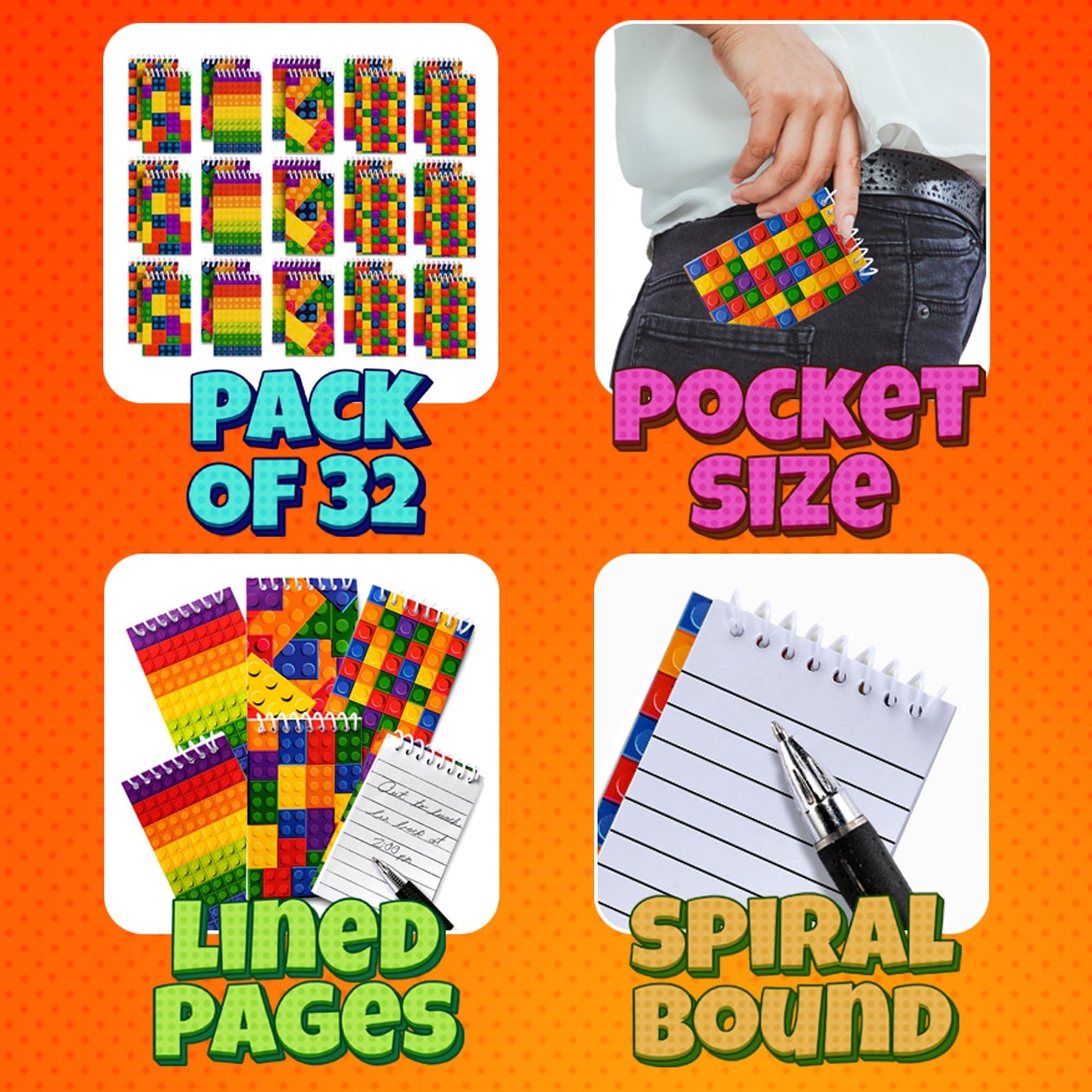 Bedwina Mini Building Block Notebooks Bulk 32 Pack – Pocket Spiral Notepads in Brick Styles, Party Favors, Goodie Bag Stuffers, Classroom Rewards