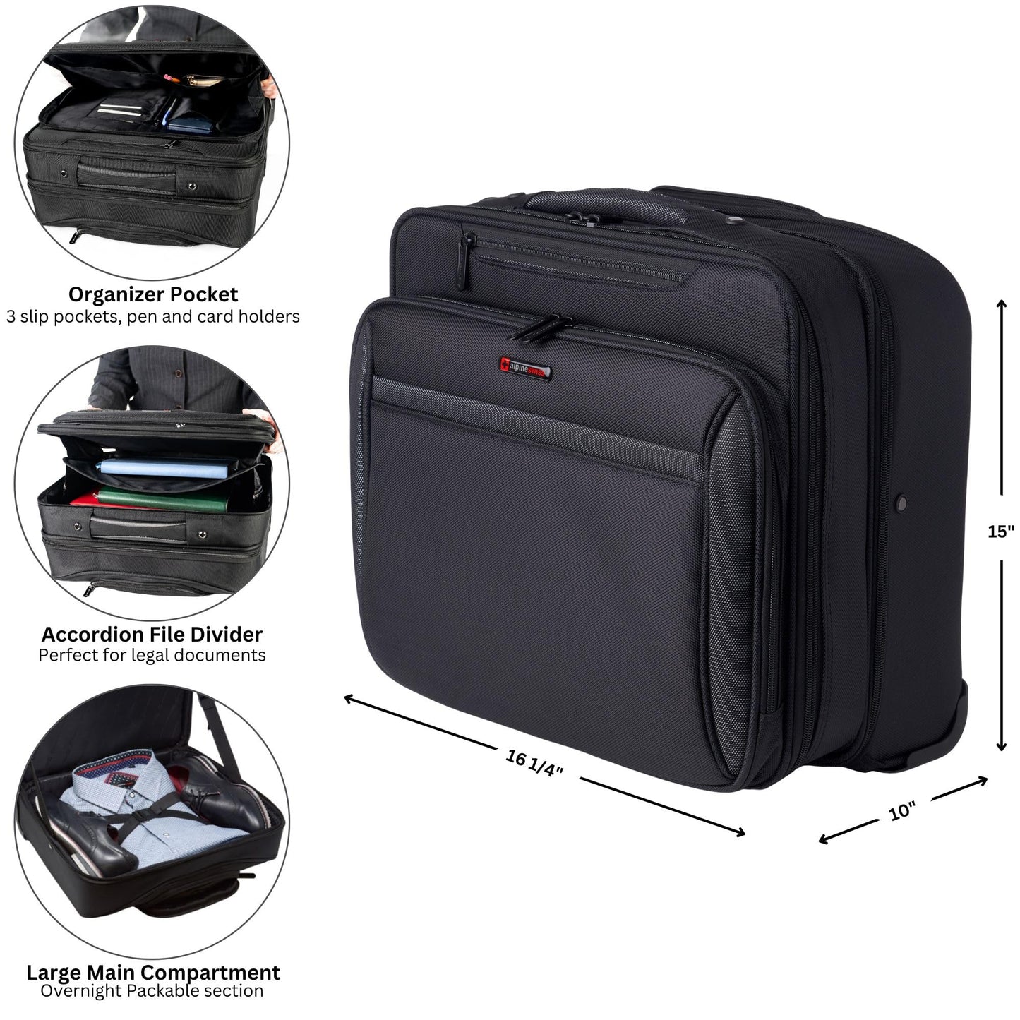 Alpine Swiss Rolling Laptop Briefcase Wheeled Overnight Carry on Bag Up to 15.6 Inches Notebook - Carries Legal Size Files