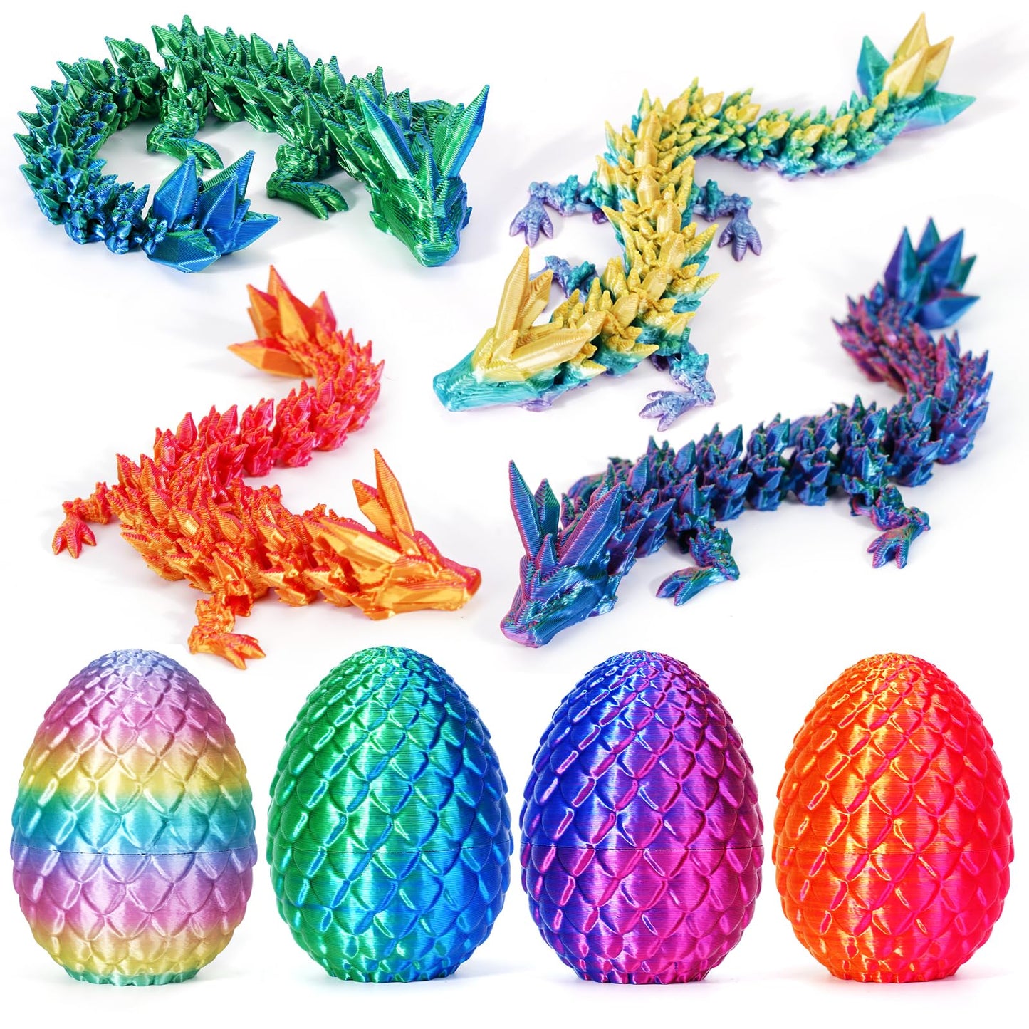 TBOLINE 4PCS 3D Printed Dragon Eggs – Articulated Crystal Dinosaur Fidget Toys, Small Dino Egg Figures for Kids Easter Gifts (4-Piece-C)