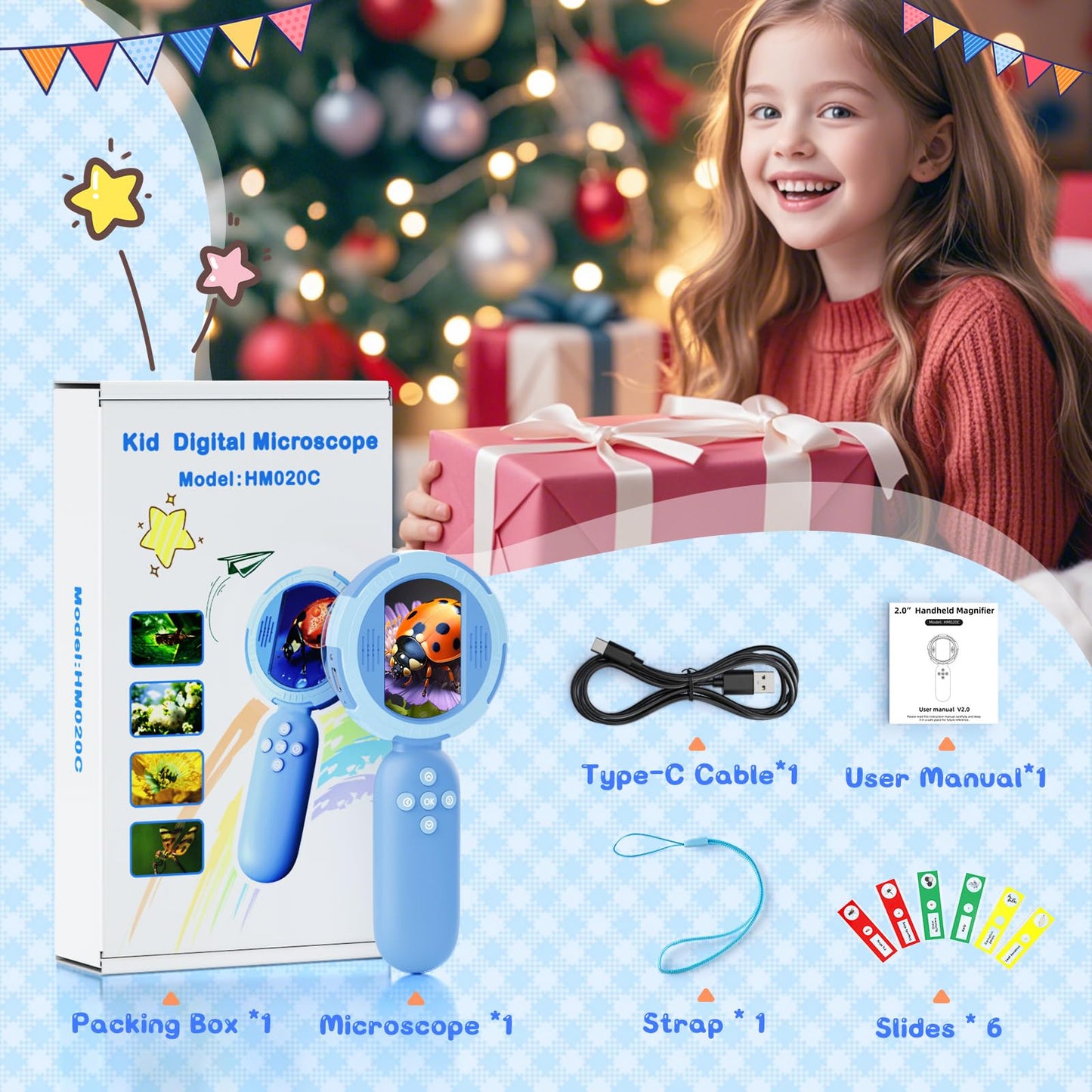 Hayve Kids Microscope – Mini Handheld Pocket Microscope with 2" IPS Screen & 8 LEDs, PC View, Educational Gift for Ages 3–8