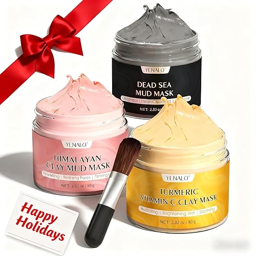 YLNALO Stocking Stuffers for Women 3 Pcs Clay Facial Mask Set - Turmeric Vitamin C, Dead Sea and Himalayan Clay Skin Care Mask for Deep Cleansing