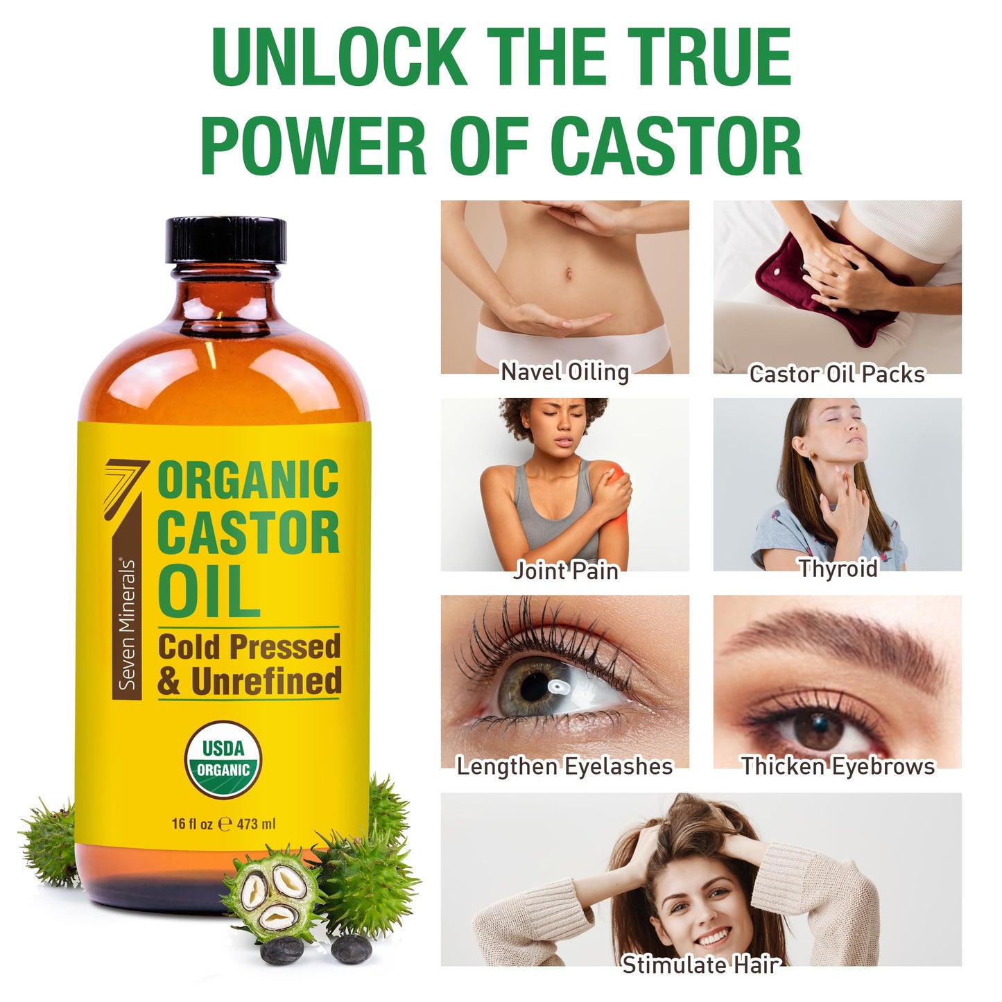Seven Minerals USDA Organic Castor Oil - Big 16 oz Glass Bottle with Pump - 100% Pure Cold Pressed Unrefined Hexane Free - for Hair Growth, Eyelashes Beauty and Personal Care Seven Minerals
